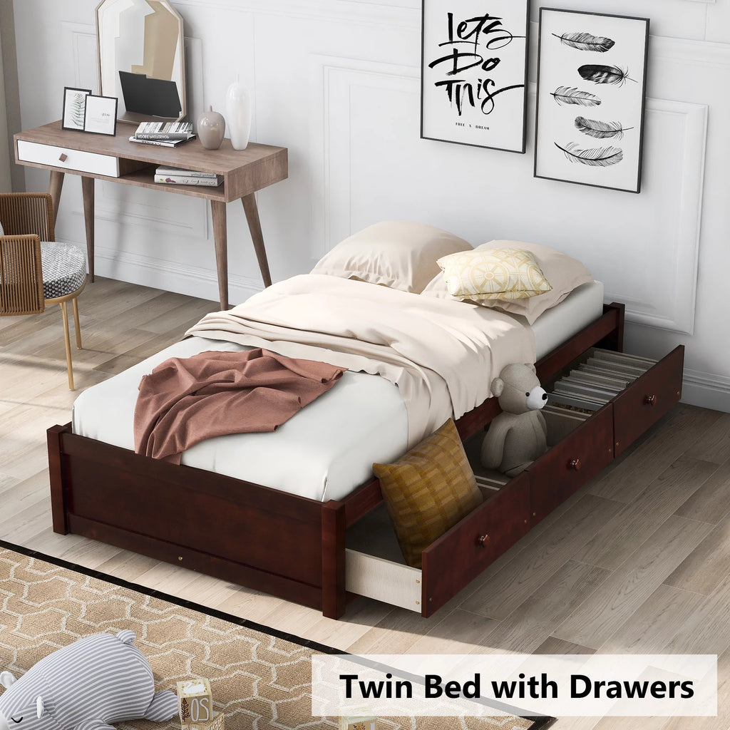 Bellemave Twin Size Platform Bed with Storage Drawers Twin Size Storage Bed with Wooden Slats Space Saving Wood Bed Frame for Kids Teens No Box Spring Needed, Cherry Brown