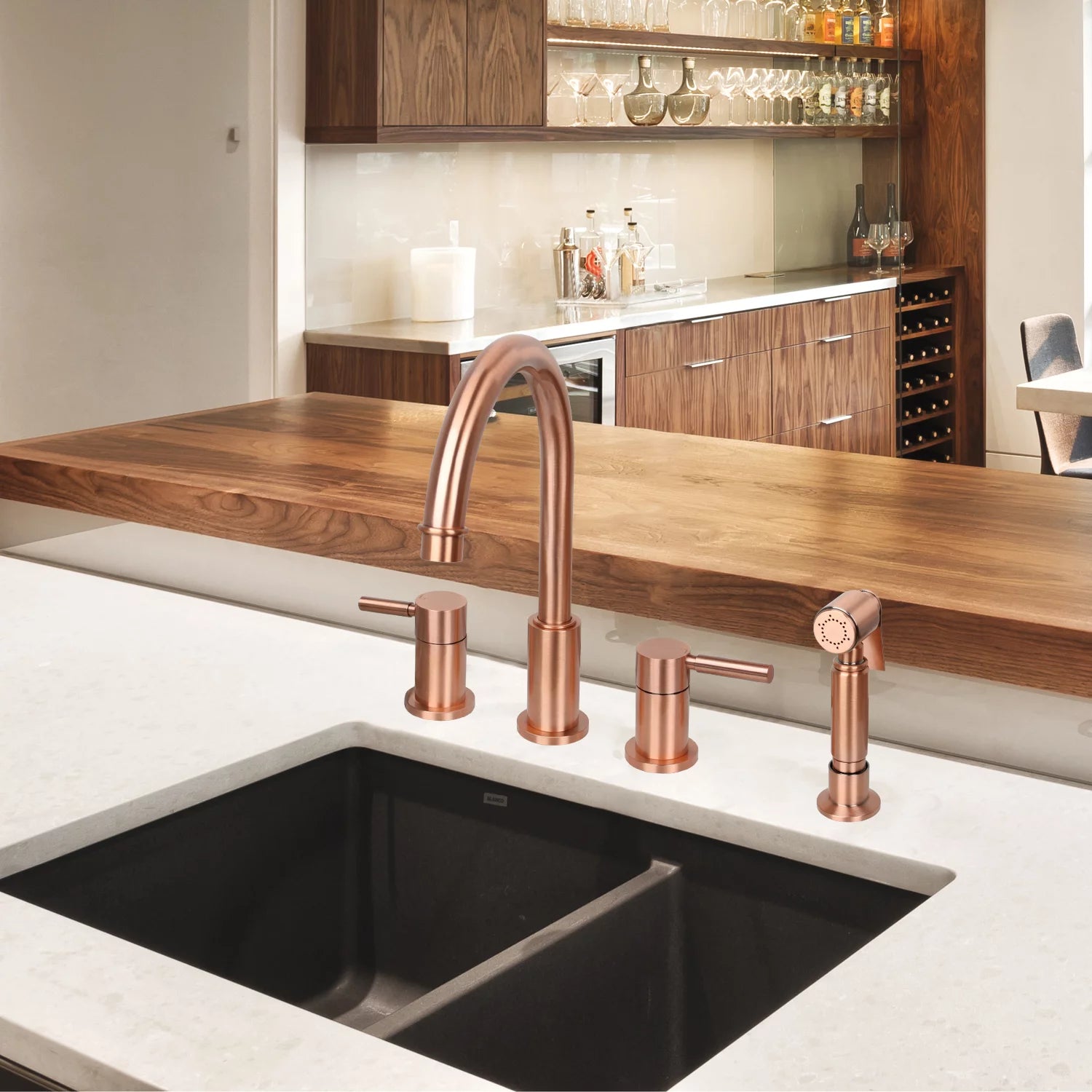 Akicon Two-Handles Copper Widespread Kitchen Faucet with Side Sprayer Copper Copper Finish