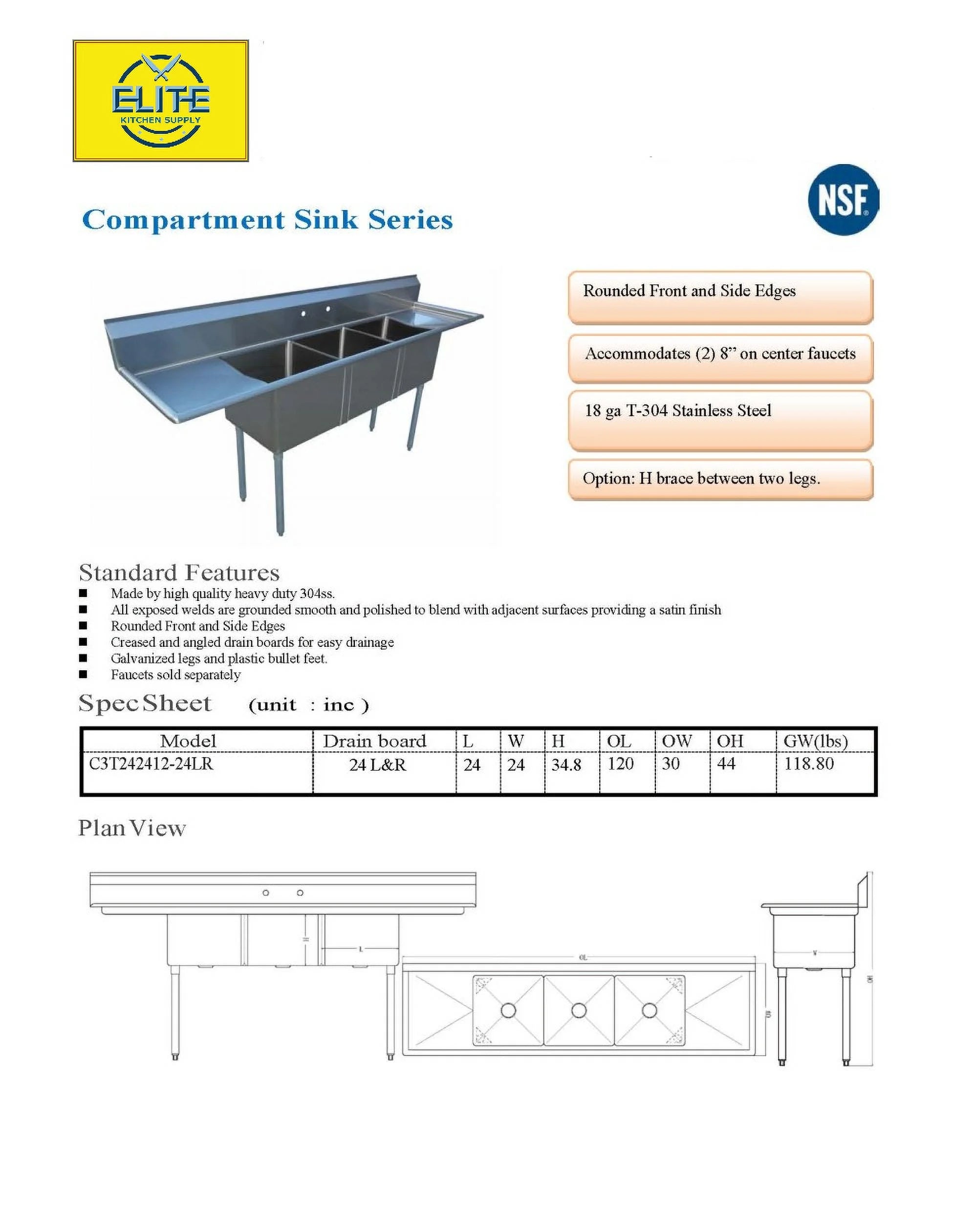 120 in. Stainless Steel 3 Compartment Sink, Freestanding Commercial Sink, NSF Certified