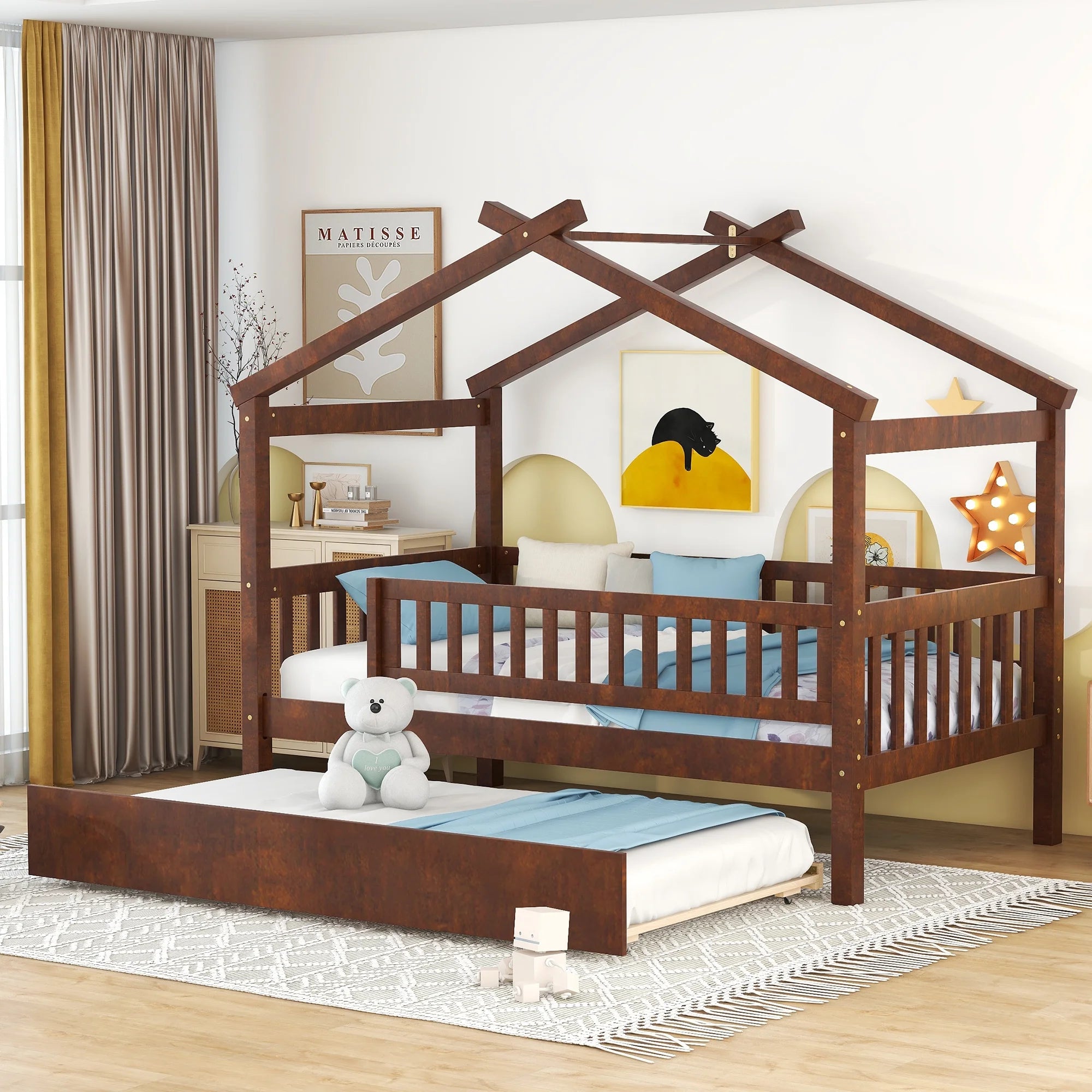 "Twin-Size Wooden House-Shaped Bed with Matching Twin-Size Trundle in Elegant Walnut Finish"