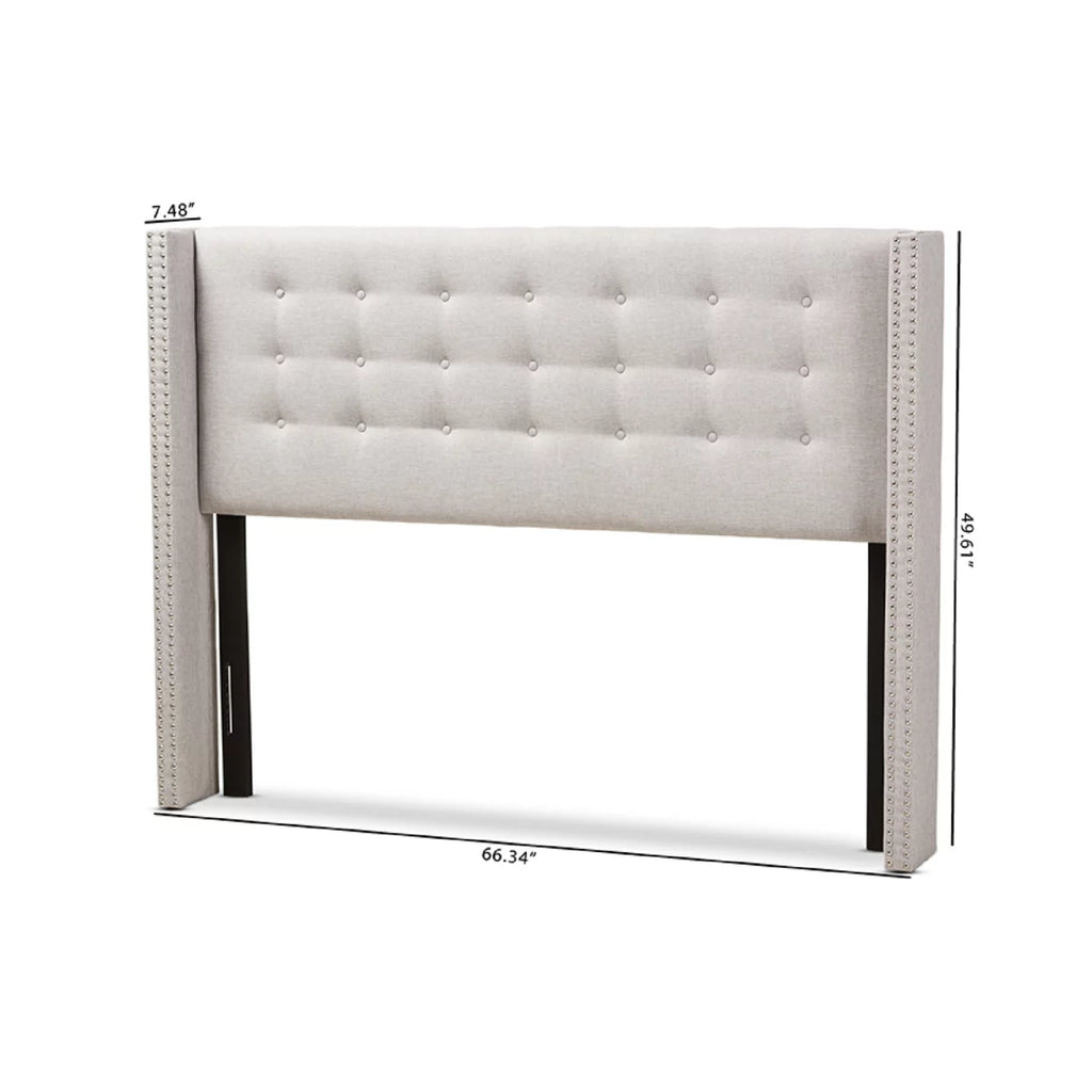 Baxton Studio Ginaro Modern And Contemporary Greyish Beige Fabric Button-Tufted Nail head Queen Size Winged