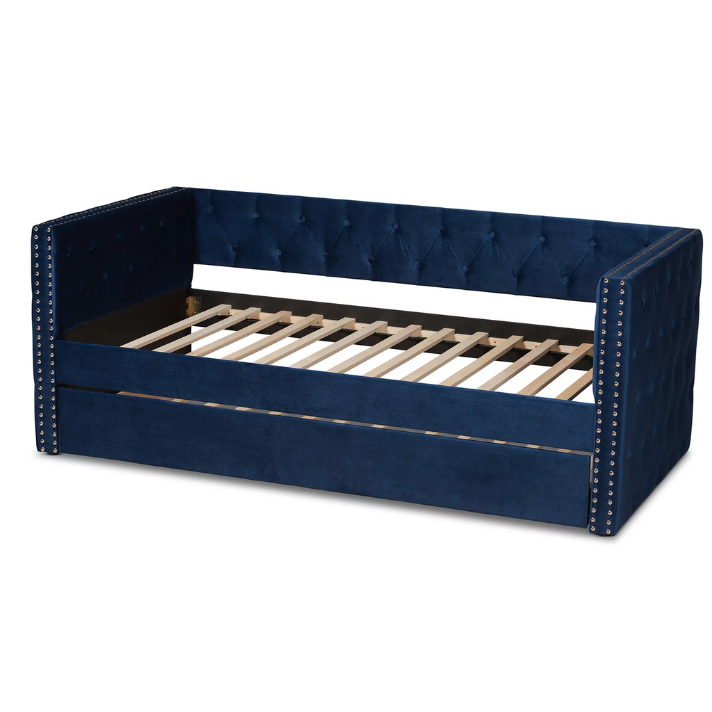 Baxton Studio Larkin Contemporary Upholstered with Trundle Daybed, Twin, Navy Blue