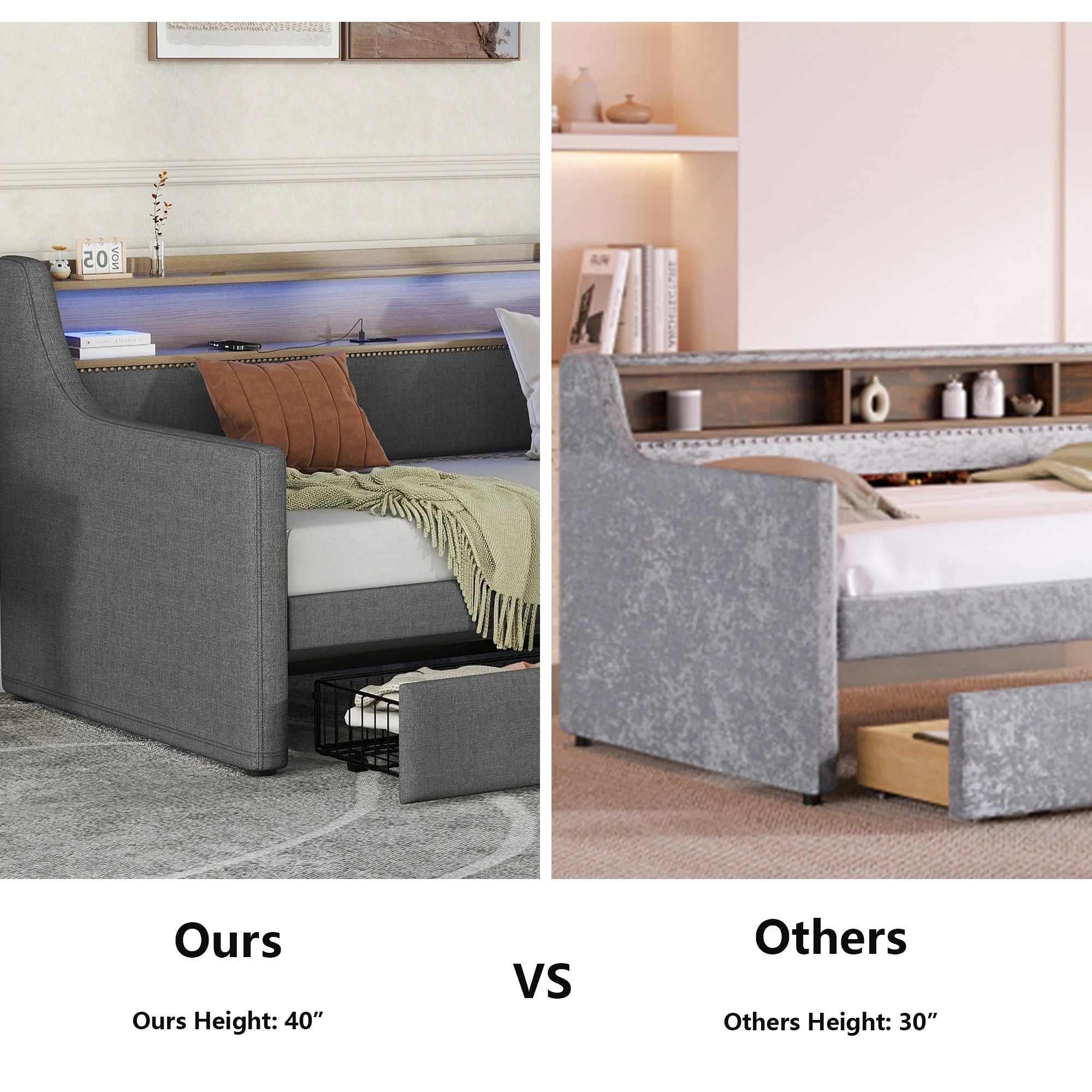 Belin Twin Size Daybed  with Charging Station and LED - Gray