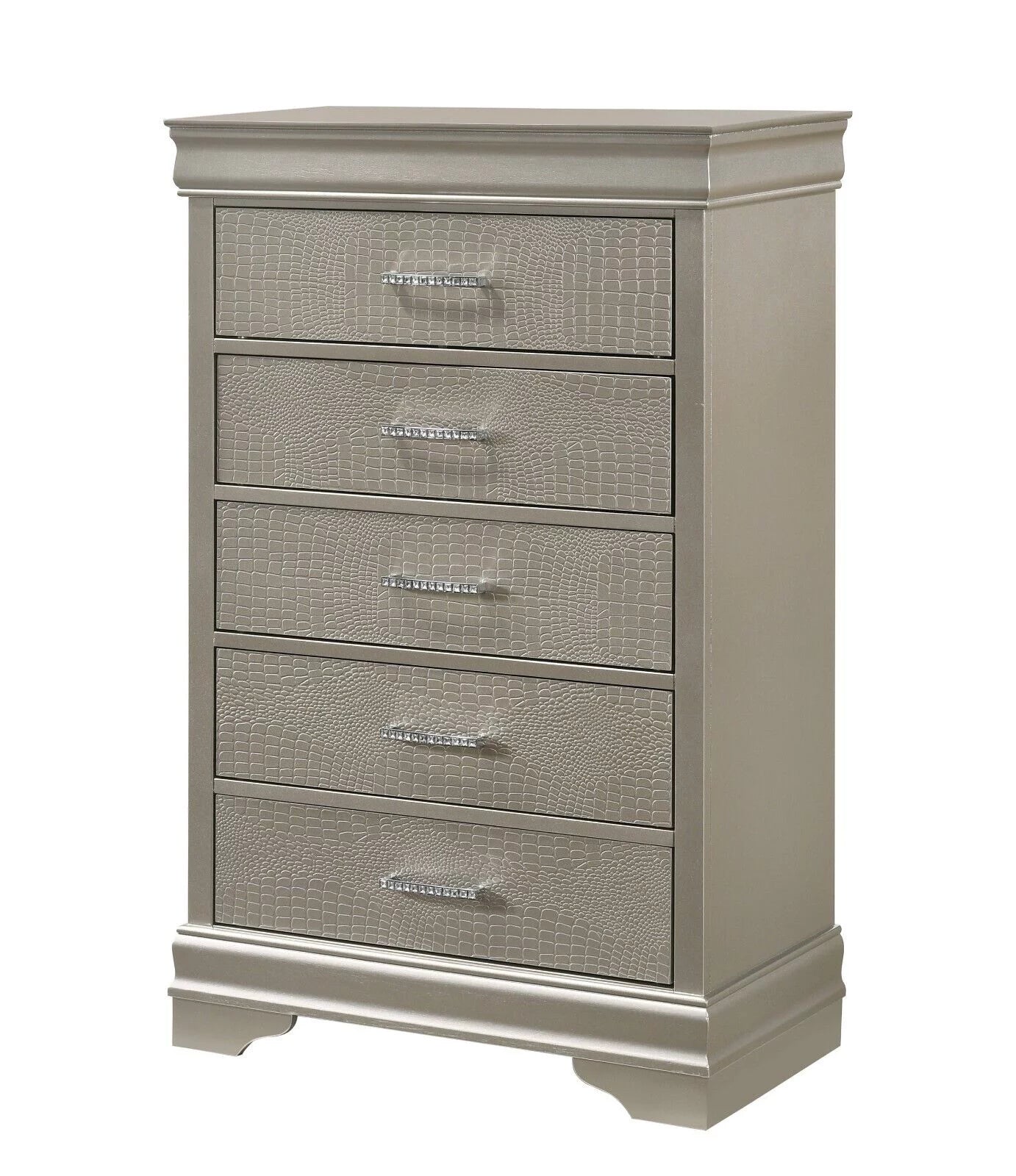 4Pc Silver Finish California King Size Panel Upholstery Bed Dresser Mirror Nightstand Set Wooden Bedroom Furniture