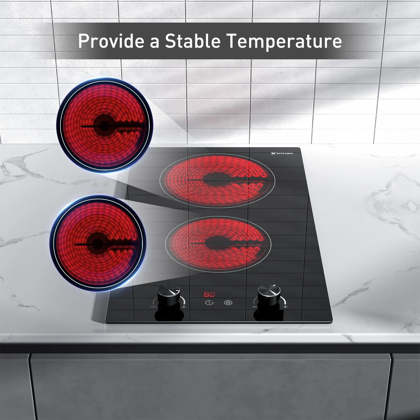 12 Inch Electric Ceramic Cooktop with Knob Control, Built-in 2400W Dual Cooker Electric Stove Tops, 2 Burners Range Top 220V, Child Safety Lock & Timer, Sensor Touch Control, 9 Power Levels