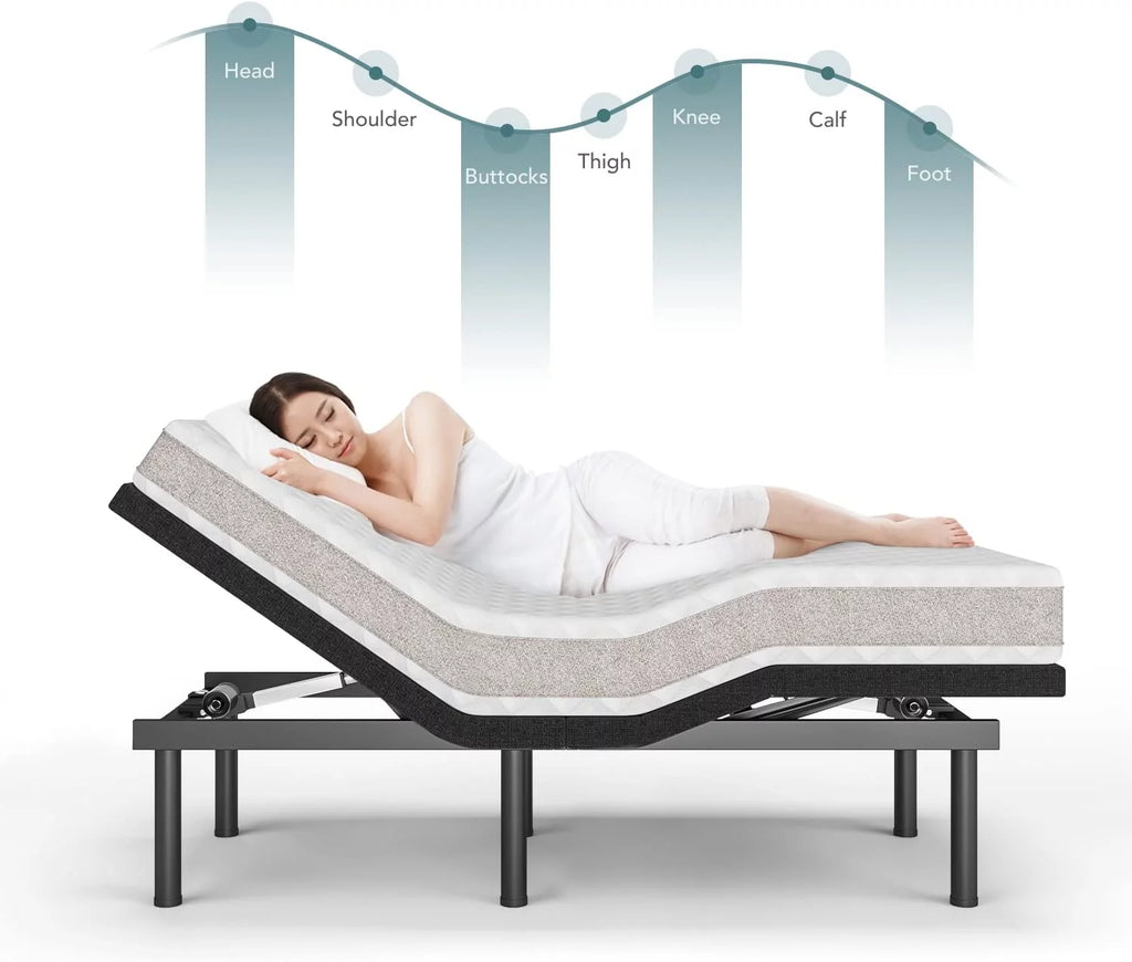 Adjustable Bed Frame Split King  Adjustable Bed Base for Stress Management  Zero Gravity Base  Head and Foot Incline with 3-Speed Massage  Anti-Snore  Memory Pre-Sets.