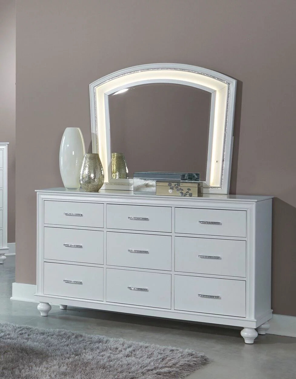 5pc Modern Bedroom Set King Bed Platform LED Mirror Dresser Nightstand Chest Wooden Bedroom Furniture White Finish