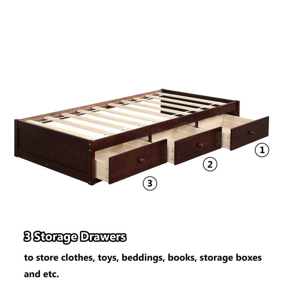 Bellemave Twin Size Platform Bed with Storage Drawers Twin Size Storage Bed with Wooden Slats Space Saving Wood Bed Frame for Kids Teens No Box Spring Needed, Cherry Brown