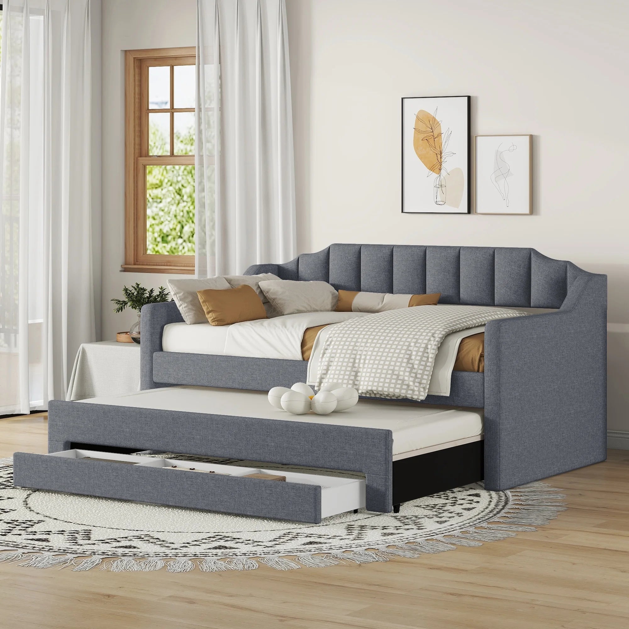 Bellemave Upholstered Daybed with Trundle and 3 Drawers, Twin Size Daybed Frame with Storage, Sofa Bed for Bedroom, Living Room, Guest Room (Gray)