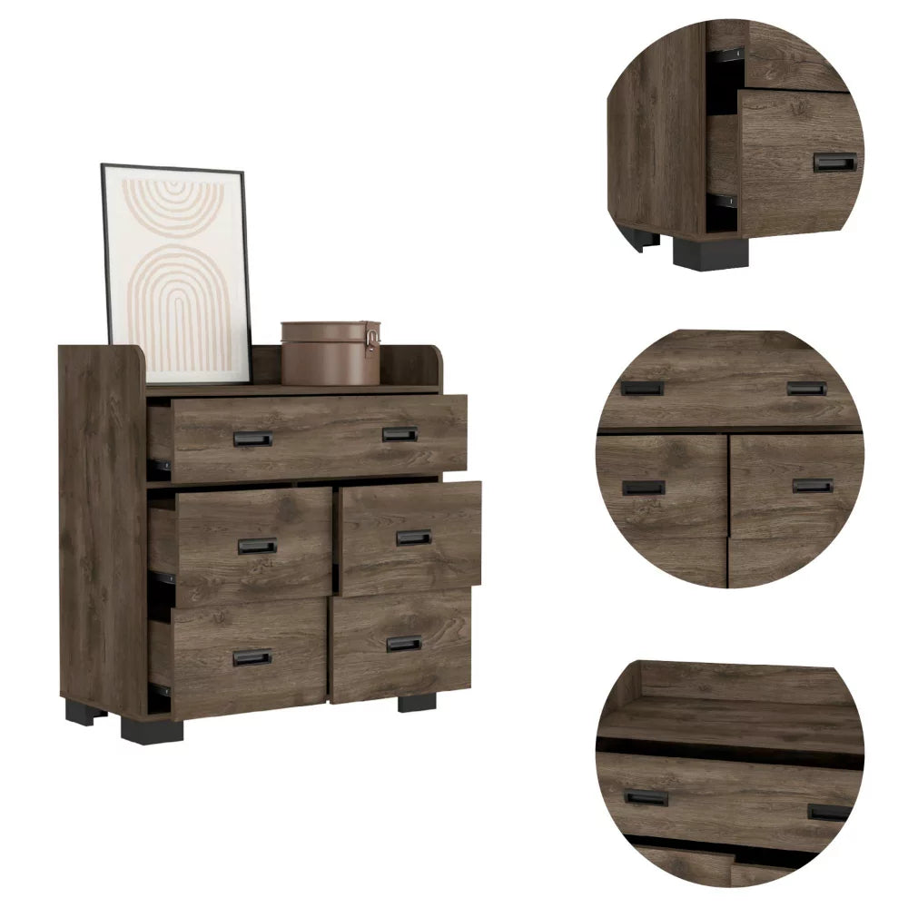 Alyn Dresser, Four Legs, Four Drawers, One Double Drawer, Superior Top -Dark Brown