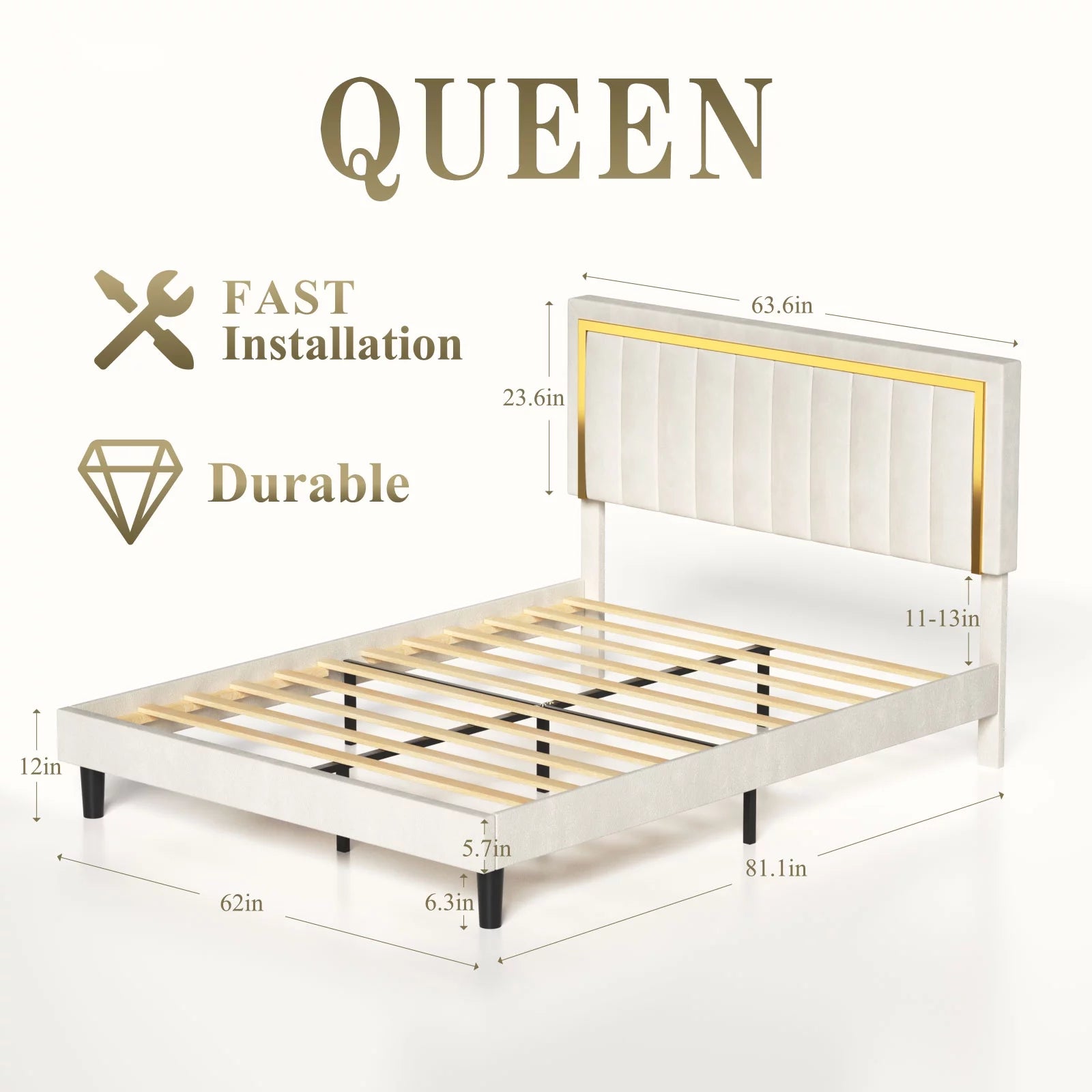 Bed Frame Upholstered Platform with Gold Trim Upholstered and Strong Wooden Slats, Strong Weight Capacity, Non-Slip and Noise-Free, Easy Assembly,Beige