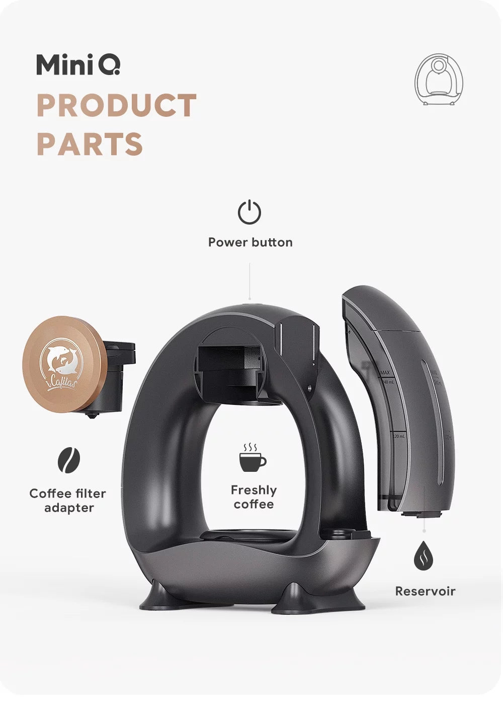 "iCafilas" Mini Q Coffee Maker One Cup 120ML/240ML Coffee Machine Portable American Coffee Maker Your Own Barista Semi-Automatic 1400W Coffee Maker Mini Personal Coffee Maker