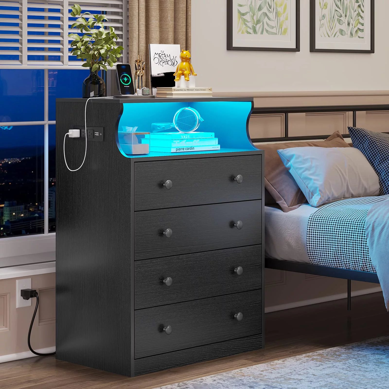 4 Drawer Dresser with LED Lights and Charging Station, Wide Chest of Drawers for Bedroom, Black