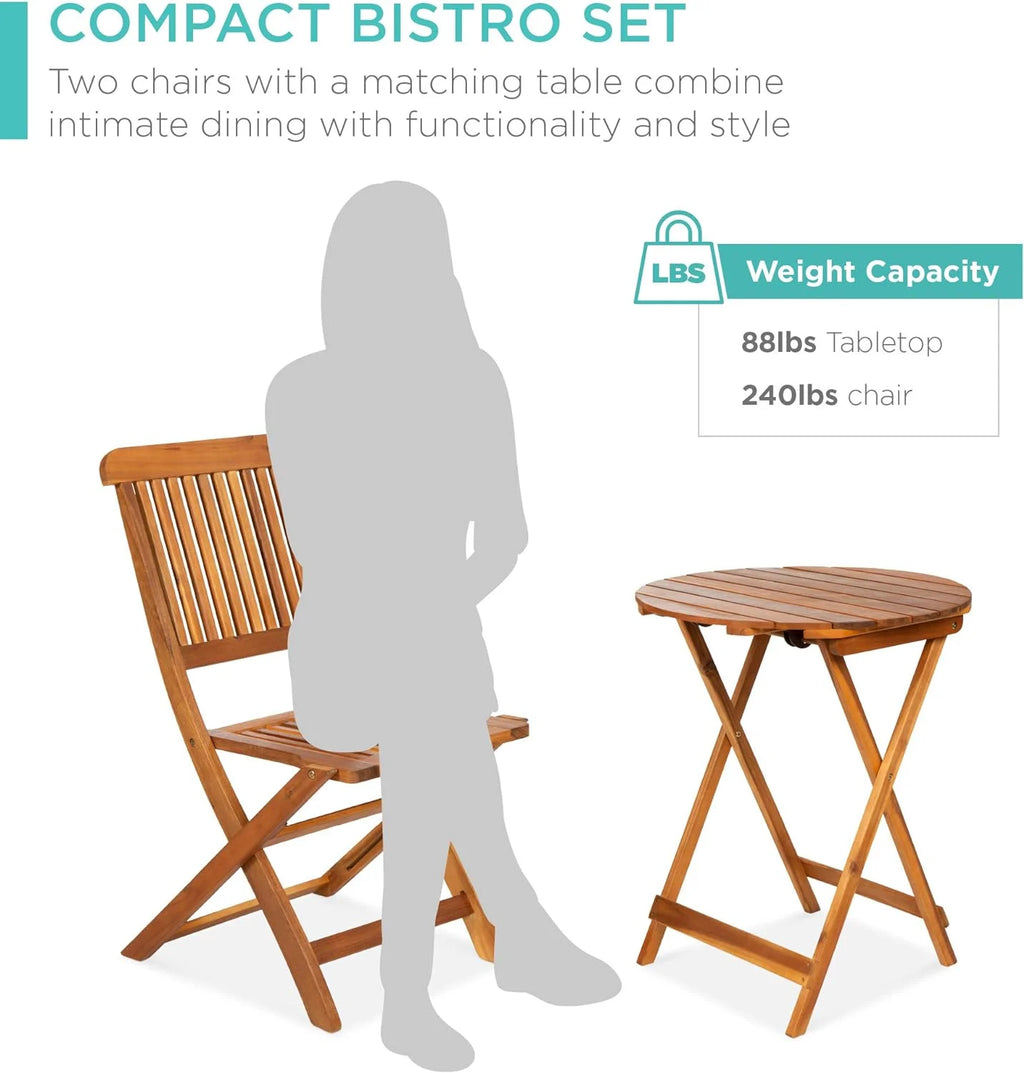 3-Piece Acacia Wood Bistro Set, Folding Patio Furniture for Backyard, Balcony, Deck w/ 2 Chairs, Round Coffee Table, Teak Finish - Natural