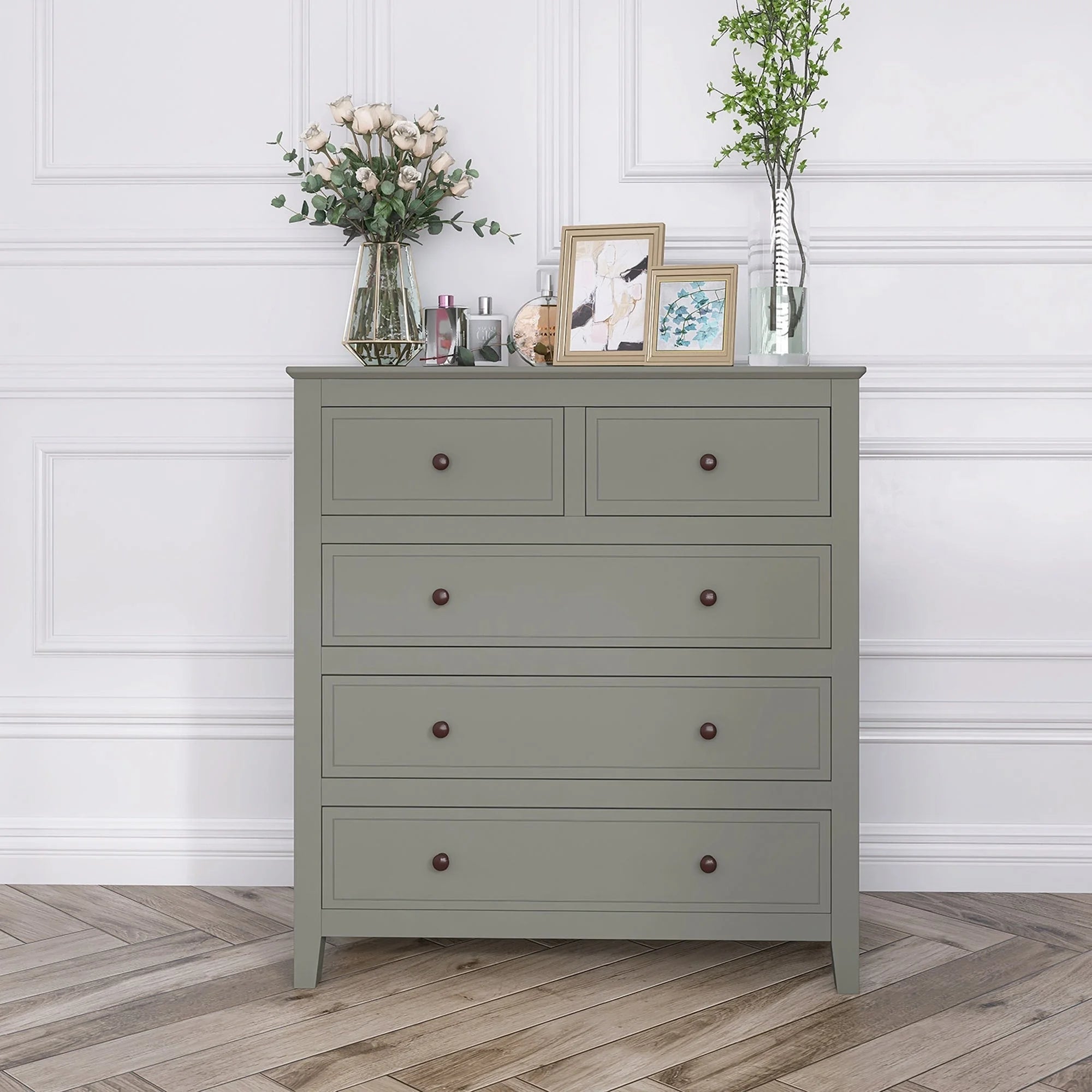 5-Drawer 33" W Solid Wood Chest Grey