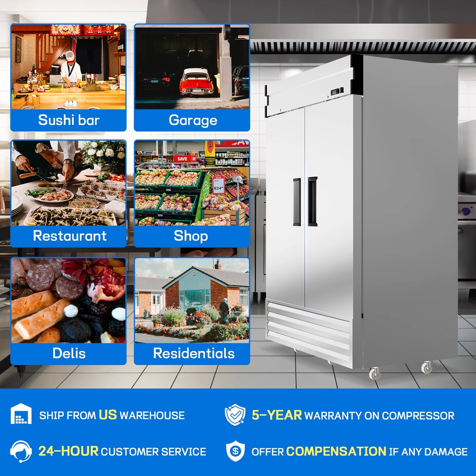 54"W Commercial Refrigerator, 2 Section Reach-in Solid Door, 49 Cu.ft Stainless Steel Upright Commercial Refrigerator, for Restaurant Shop Bar Residentials