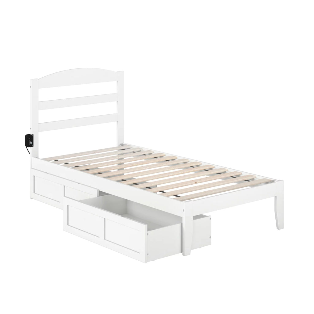 AFI Warren Solid Wood Twin Bed with 2 Storage Drawers and USB Charger in White