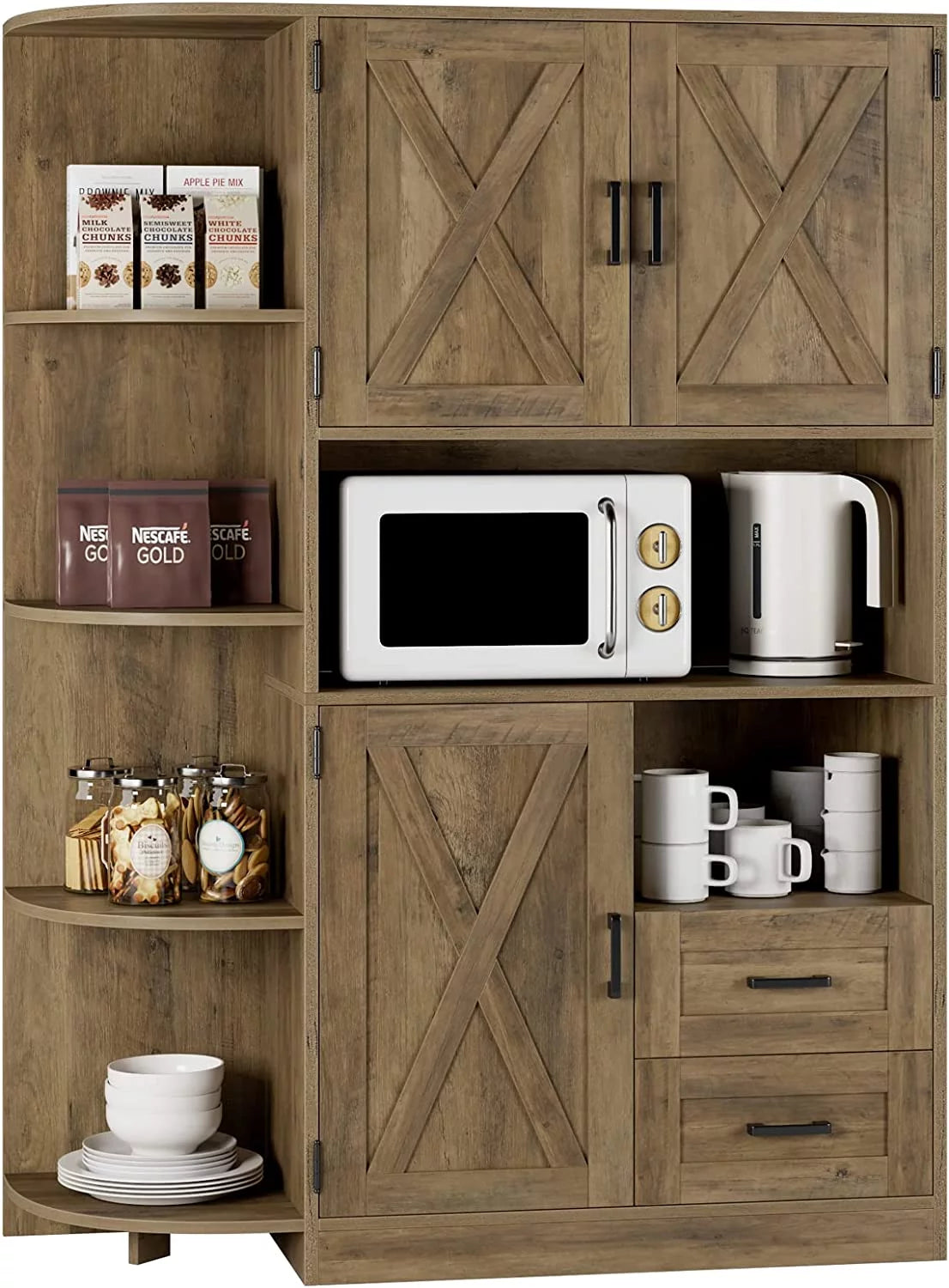 60.4" Farmhouse Kitchen Pantry Storage Cabinet, Freestanding Hutch with Doors & Shelves, Buffet Sideboard with Microwave Stand, Coffee Bar with Drawers, Cupboard for Dining Room, Rustic Brown