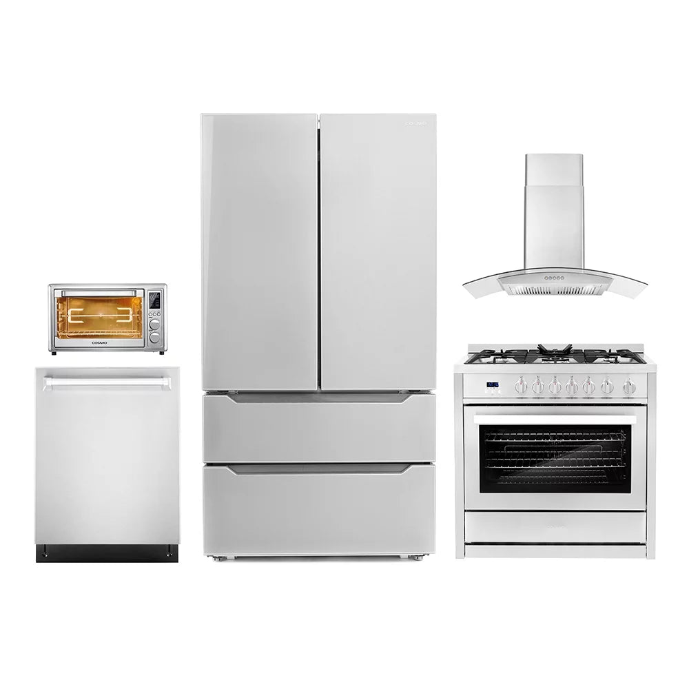5 Piece Kitchen Package with 36" Freestanding Gas Range 36" Wall Mount Range Hood 24" Built-in Fully Integrated Dishwasher French Door Refrigerator & 20" Electric Air Fryer Toaster Oven