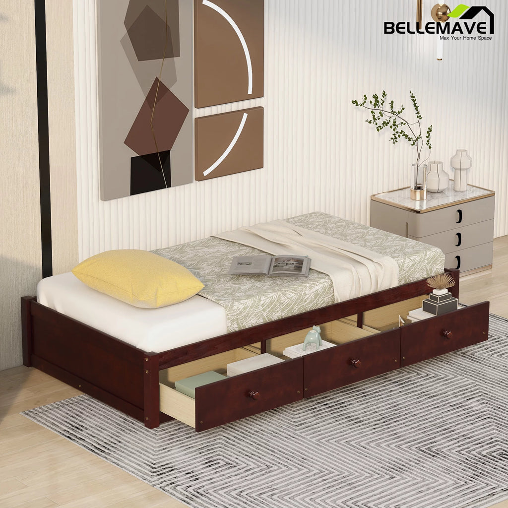 Bellemave Twin Size Platform Bed with Storage Drawers Twin Size Storage Bed with Wooden Slats Space Saving Wood Bed Frame for Kids Teens No Box Spring Needed, Cherry Brown