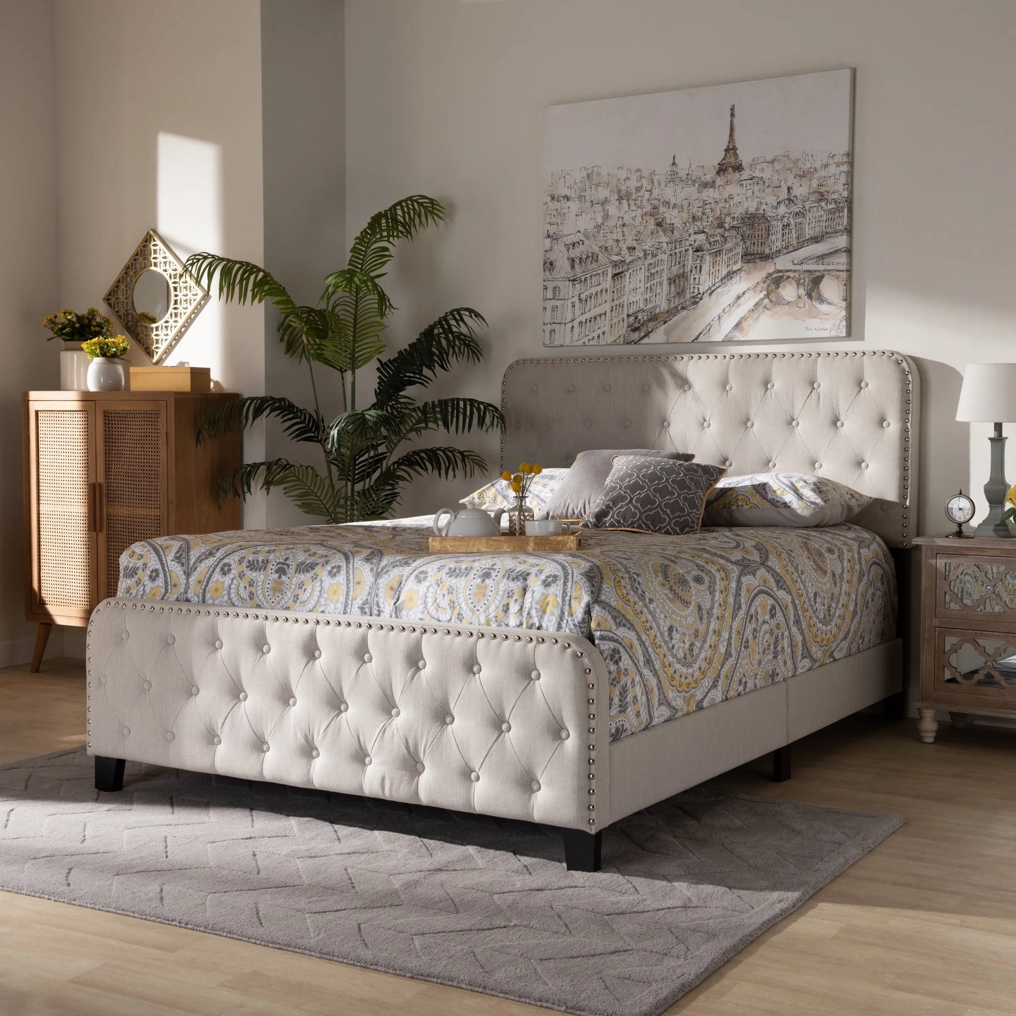 Baxton Studio Annalisa Modern Transitional Beige Fabric Upholstered Button Tufted Full Size Panel Bed