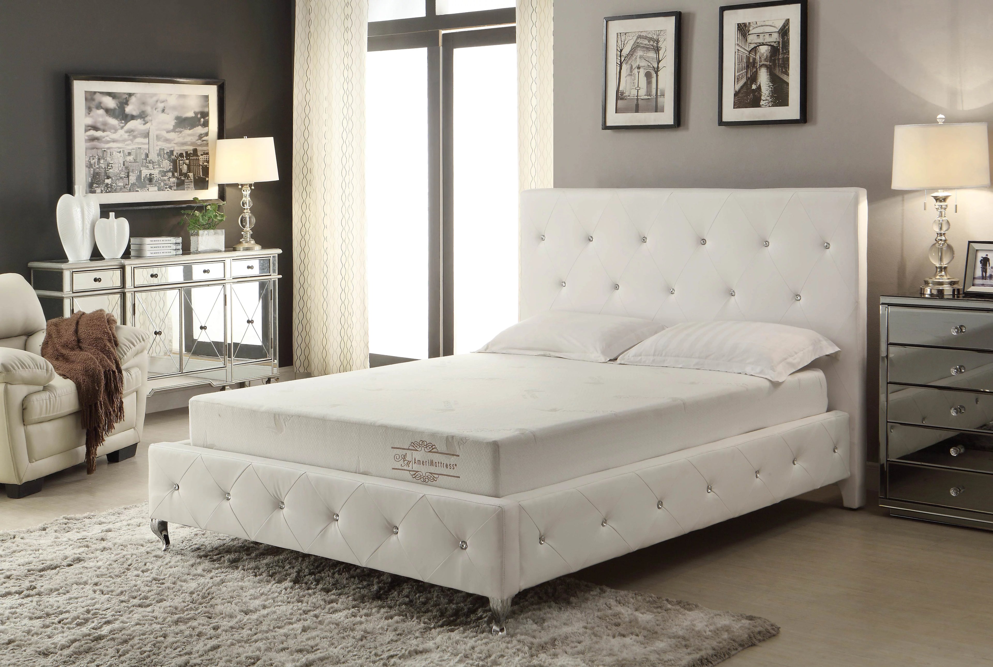 AC Pacific White Modern Crystal Tufted Cal King Bed
