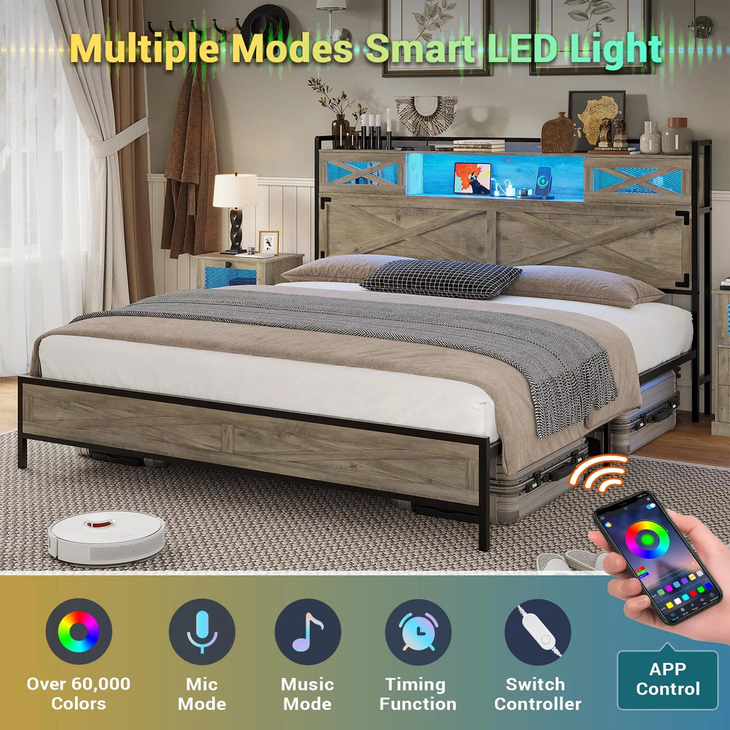 ADORNEVE Queen Size Bed Frame with LED Lights and Charging Station, Farmhouse Platform Bed with Storage Headboard with Sliding Barn Door, No Box Spring Needed, Oak Gray