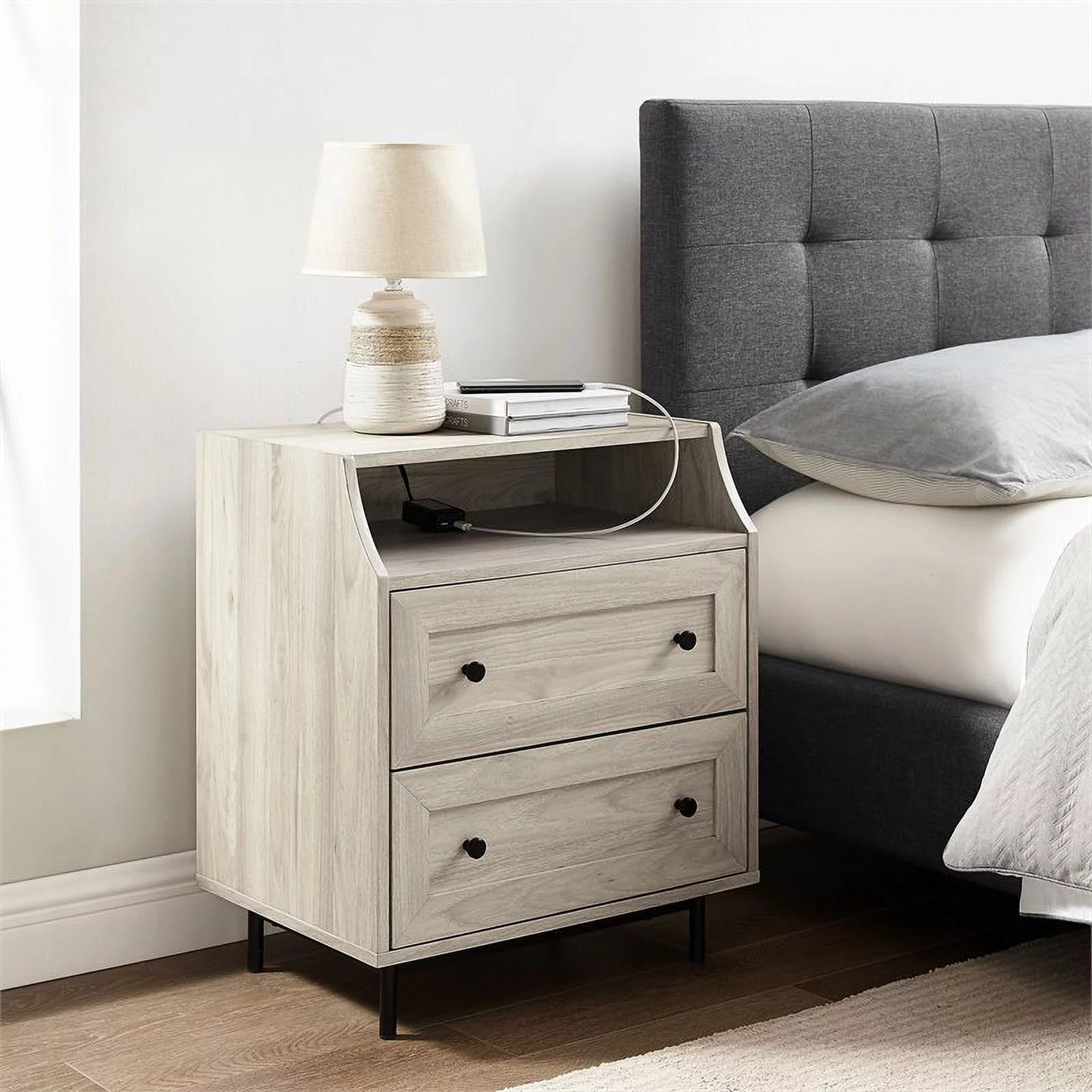 22" Curved Open Top 2-Drawer Bedroom Nightstand with USB in Birch