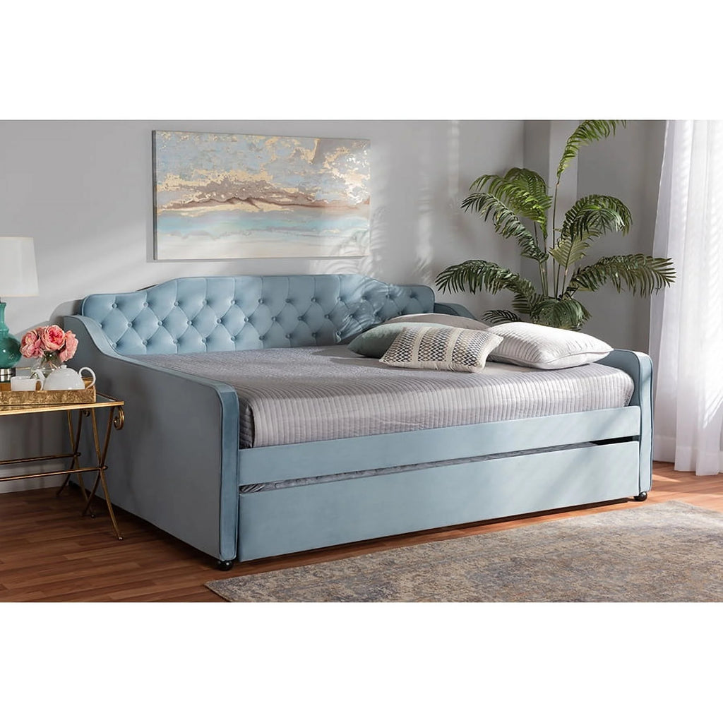Baxton Studio Freda-Light Blue Velvet-Daybed-F-T Transitional & Contemporary Fabric Upholstered & Button Tufted Daybed With Trundle, Light Blue Velvet - Full Size
