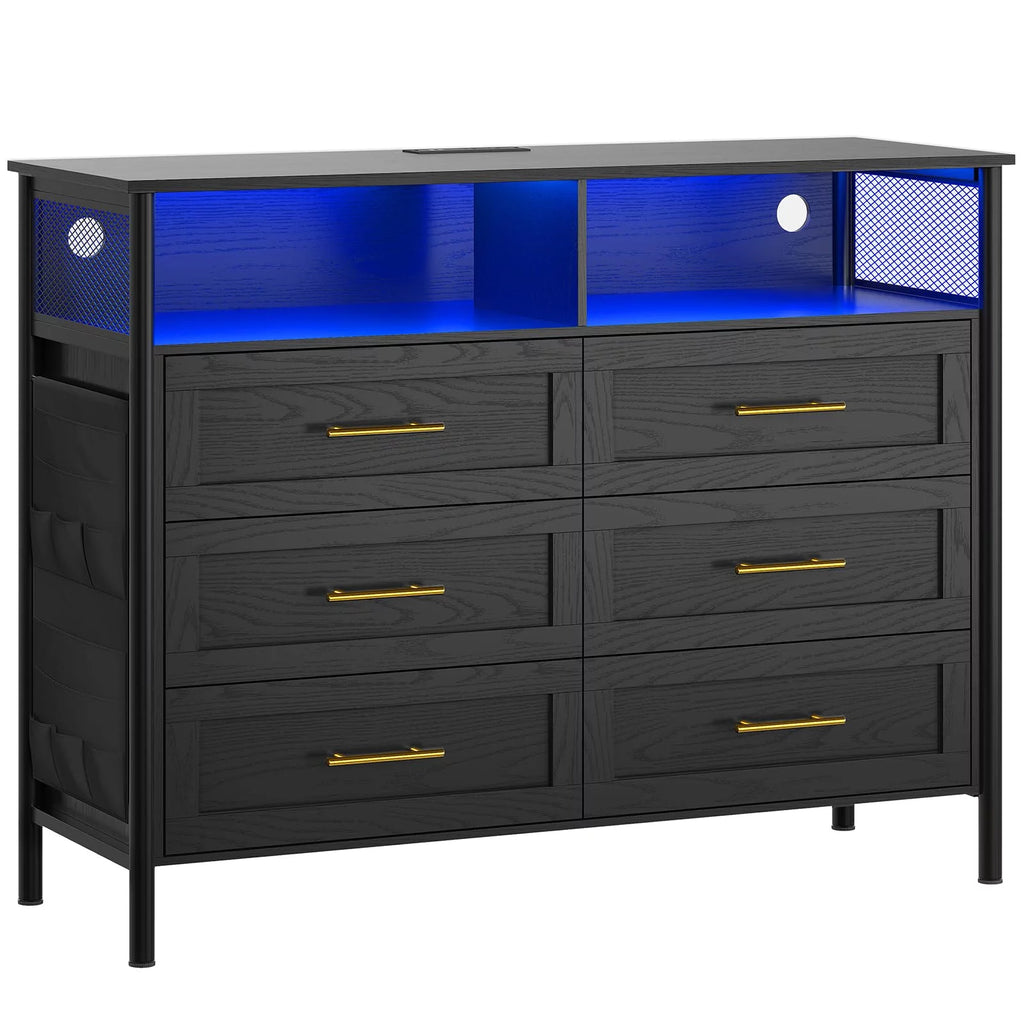 6 Drawer Dresser with Charging Station, Modern LED Wood Dresser with LED Lights and Cloth Pocket, Black