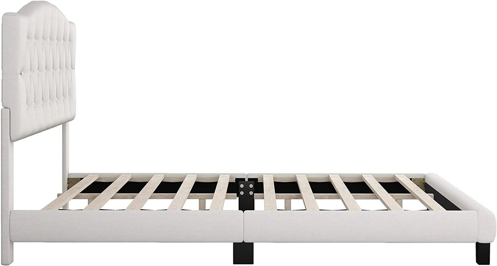 AngLink Linen Curved Upholstered Full Size Platform Bed with Diamond Tufted/Wood Bed Frame/Wood Slats, No Box Spring Needed -Beige, Full