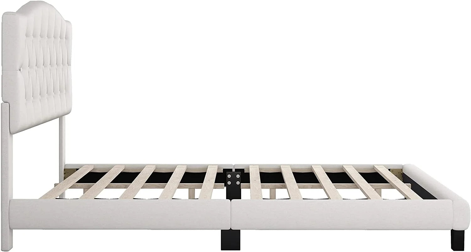 AngLink Linen Curved Upholstered Full Size Platform Bed with Diamond Tufted/Wood Bed Frame/Wood Slats, No Box Spring Needed -Beige, Full