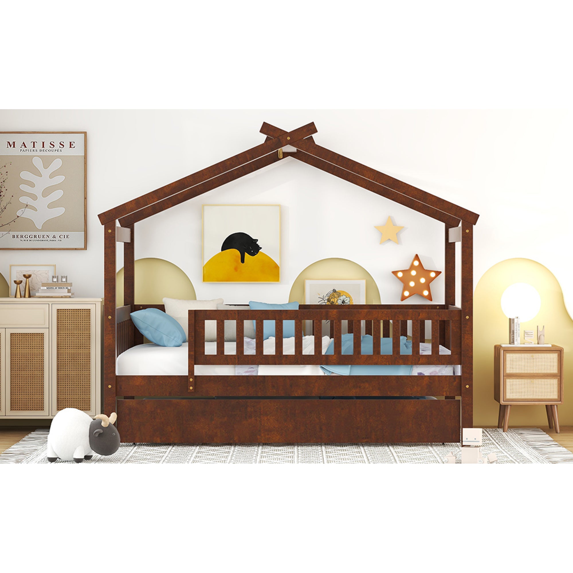 "Twin-Size Wooden House-Shaped Bed with Matching Twin-Size Trundle in Elegant Walnut Finish"