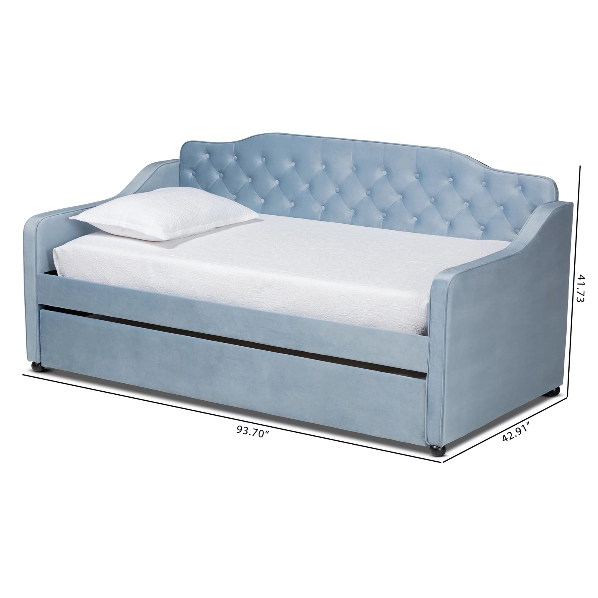 Baxton Studio Freda Transitional and Contemporary Light Blue Velvet Upholstered and Button Tufted Twin Size Daybed with Trundle