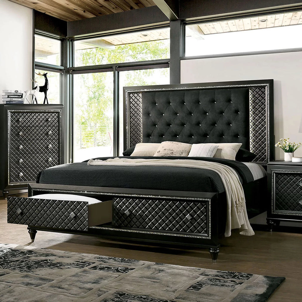 Bedroom Furniture 3pc Set California King Size Bed 2x Nightstands Metallic Gray Solid wood Black Fabric Tufted HB Drawers FB