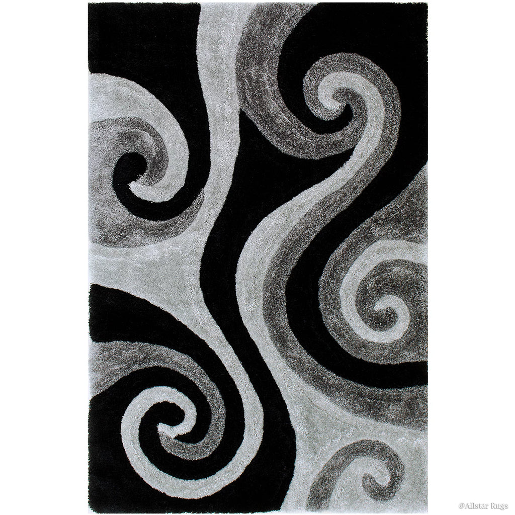 Allstar Grey Shaggy Area Rug with 3D Black Spiral Design. Contemporary Formal Hand Tufted (7' 6" x 10' 5")