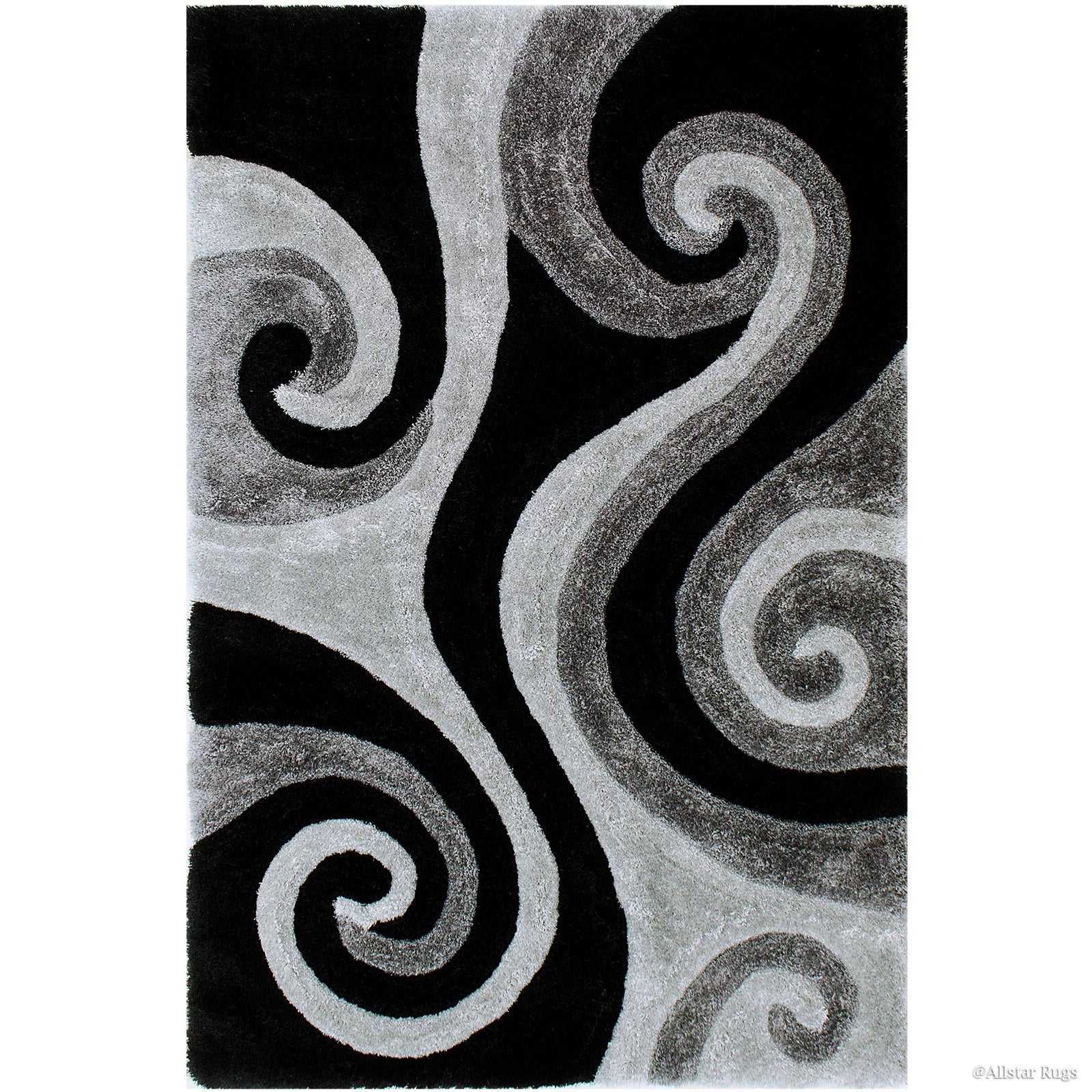 Allstar Grey Shaggy Area Rug with 3D Black Spiral Design. Contemporary Formal Hand Tufted (7' 6" x 10' 5")