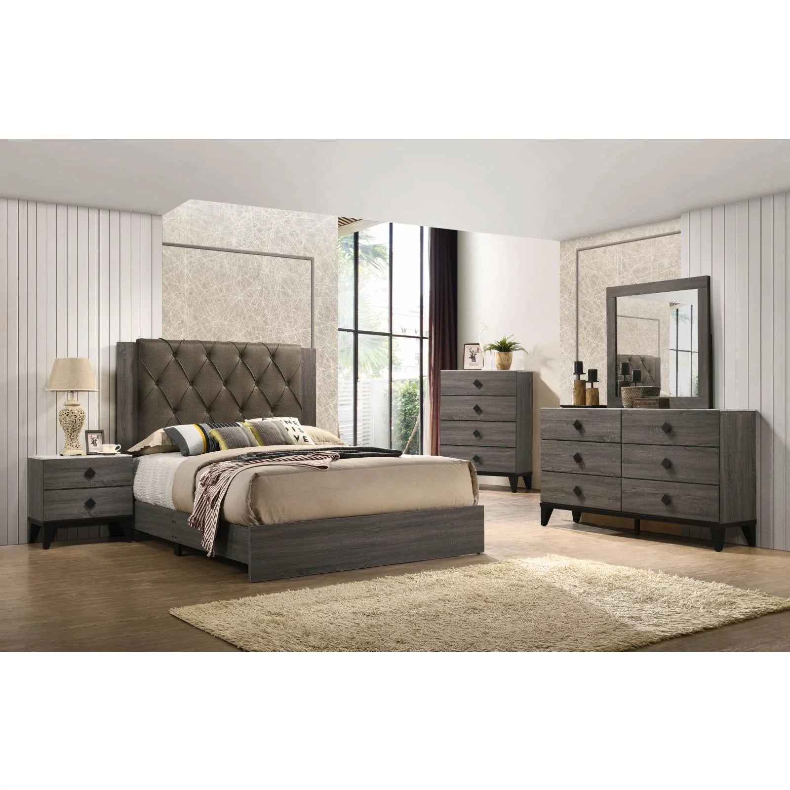 ACME Avantika Queen Bed in Fabric & Rustic Gray Oak