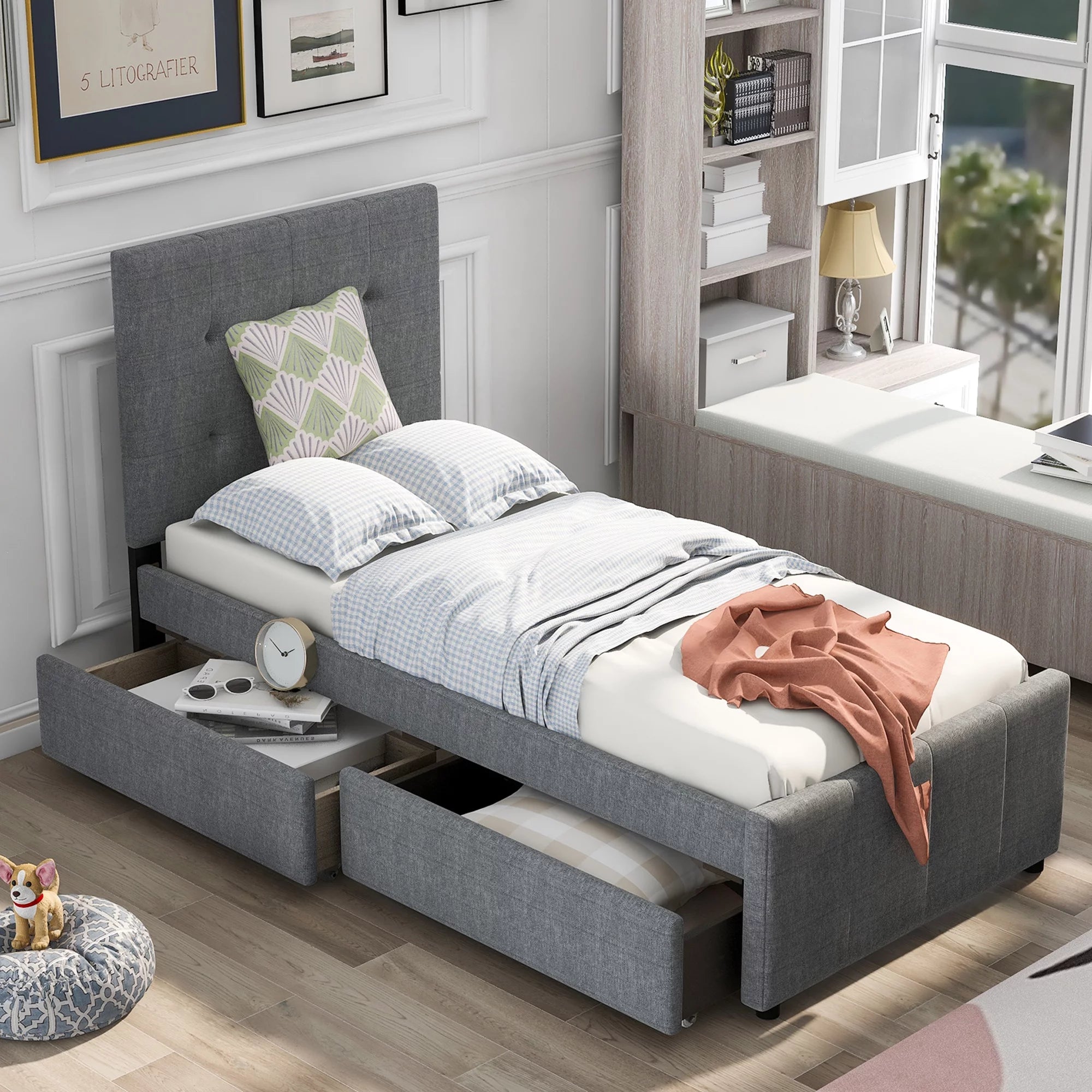 Bellemave Linen Upholstered Platform Bed With Headboard and Two Drawers, Twin