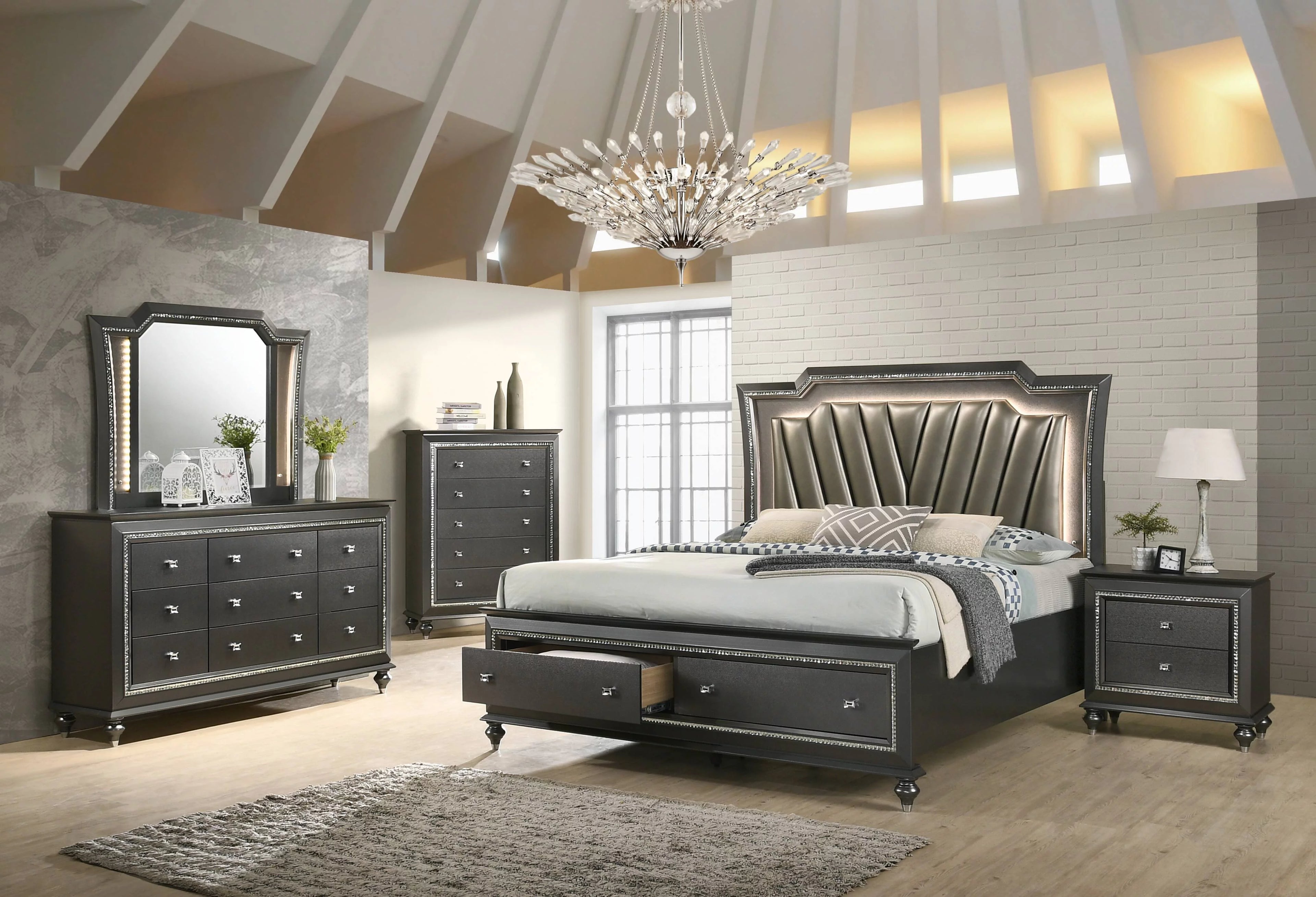 Acme Kaitlyn LED Headboard Bed in PU & Metallic Gray, Multiple Size