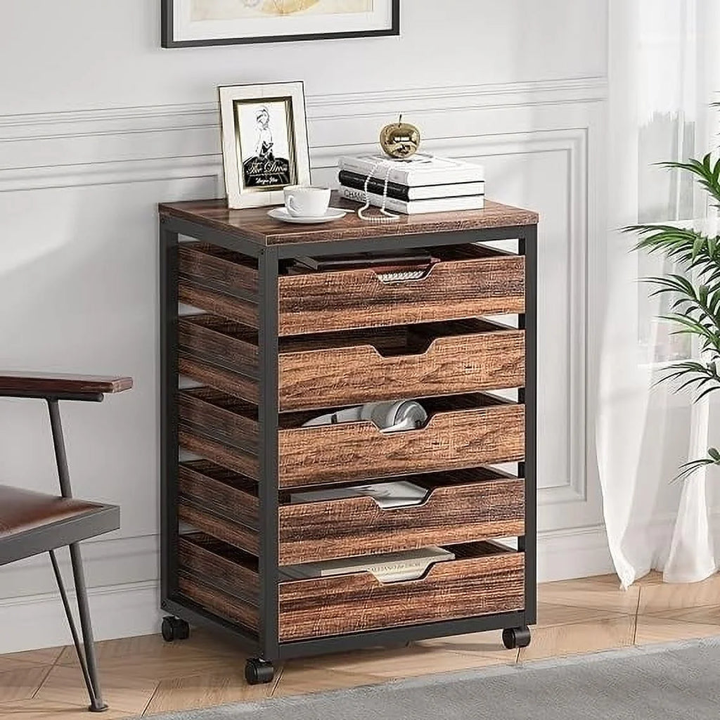 5 Drawer Chest Wood Storage Dresser Cabinet with Wheels Industrial Storage Drawer Organizer Cart