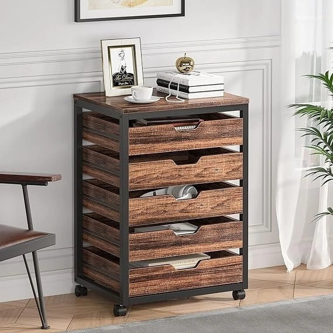 5 Drawer Chest Wood Storage Dresser Cabinet with Wheels Industrial Storage Drawer Organizer Cart