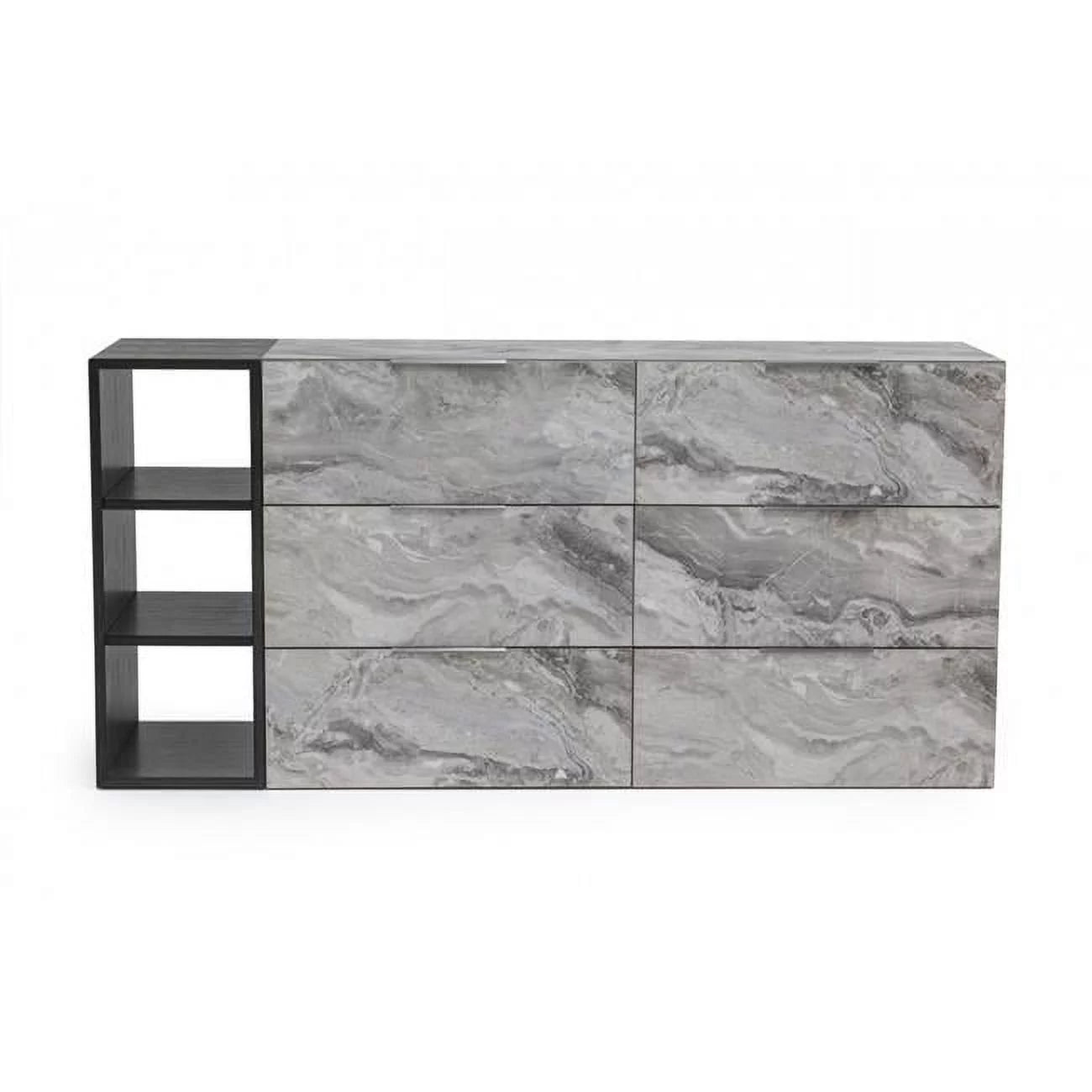 30 x 63 x 18 in. Gray Faux Marble & Black Wood Six Drawers Double Dresser