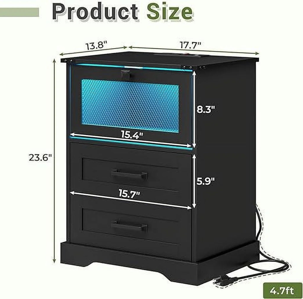 2 Drawers Nightstand with LED Light and Plug Charging Station, Farmhouse End Side Table with 2 Drawers and Open Cubby, Bedside Table for Bedroom,Black