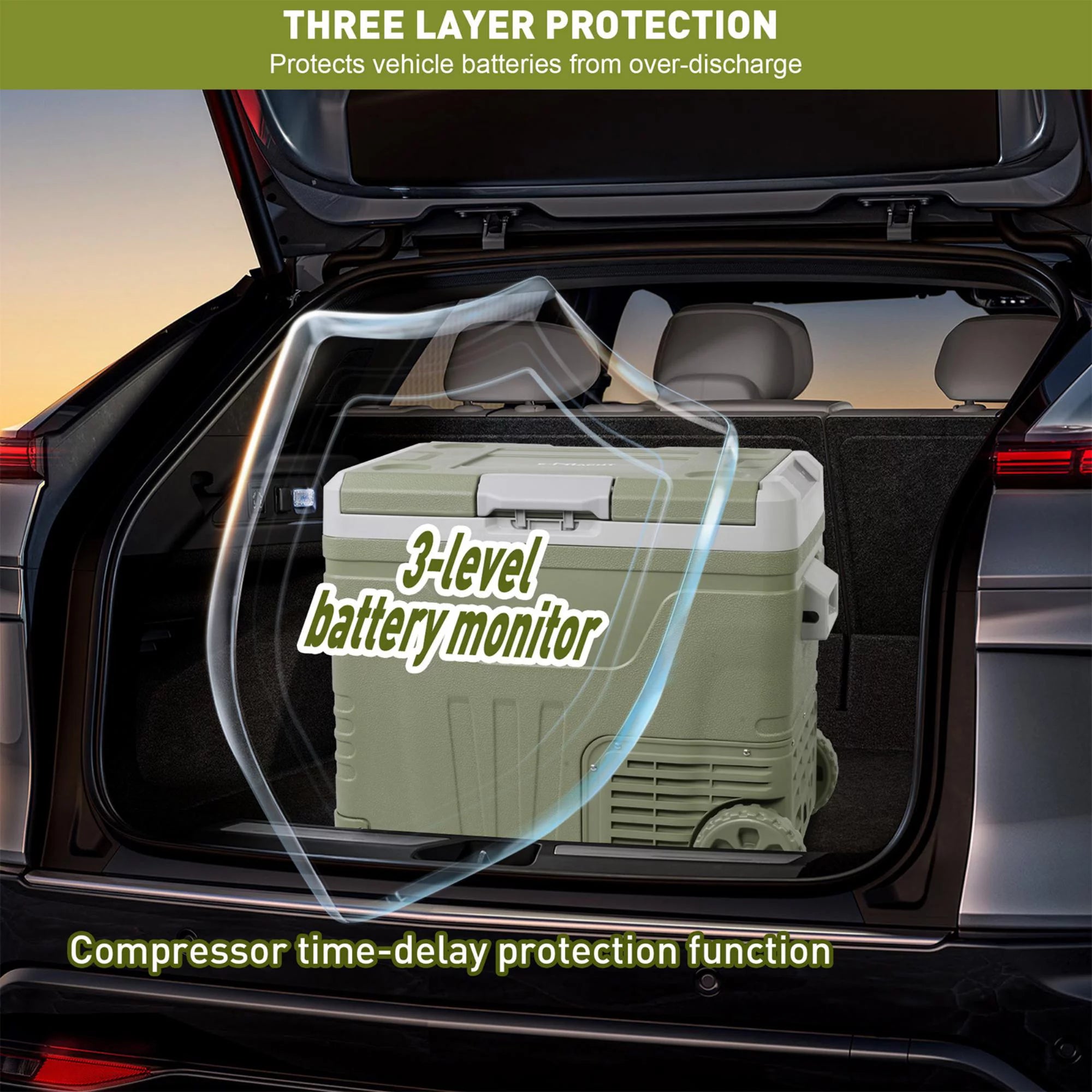 12 Volt Car Refrigerator, 45.4 Quart Portable Freezer Electric Cooler with 12V/24V DC, 100-240V AC, -4°F to 68°F, Compact Compressor for Car, RV, Camping, Travel, Fishing, Outdoor or Home, Green