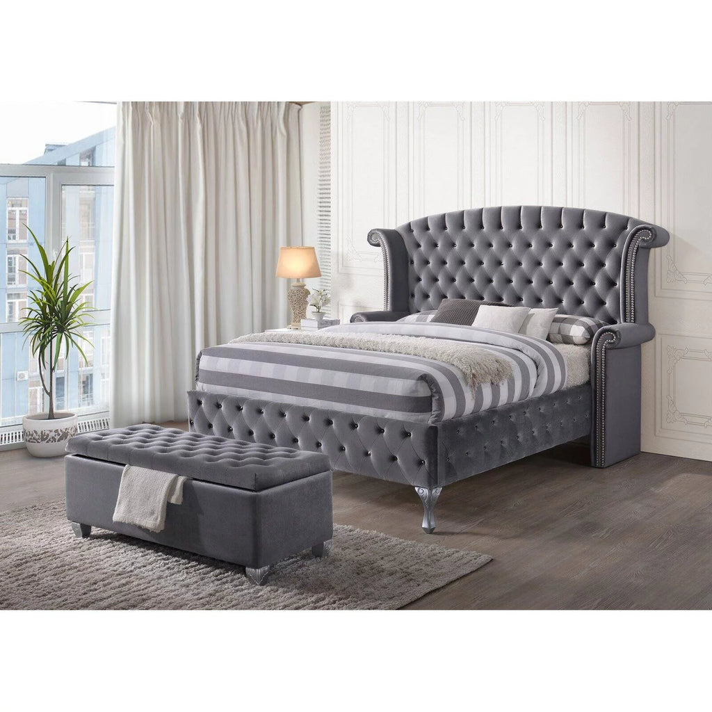 ACME Rebekah Eastern King Bed, Gray Velvet (1Set/4Ctn)-Color:Gray Velvet,Quantity:1,Style:Transitional