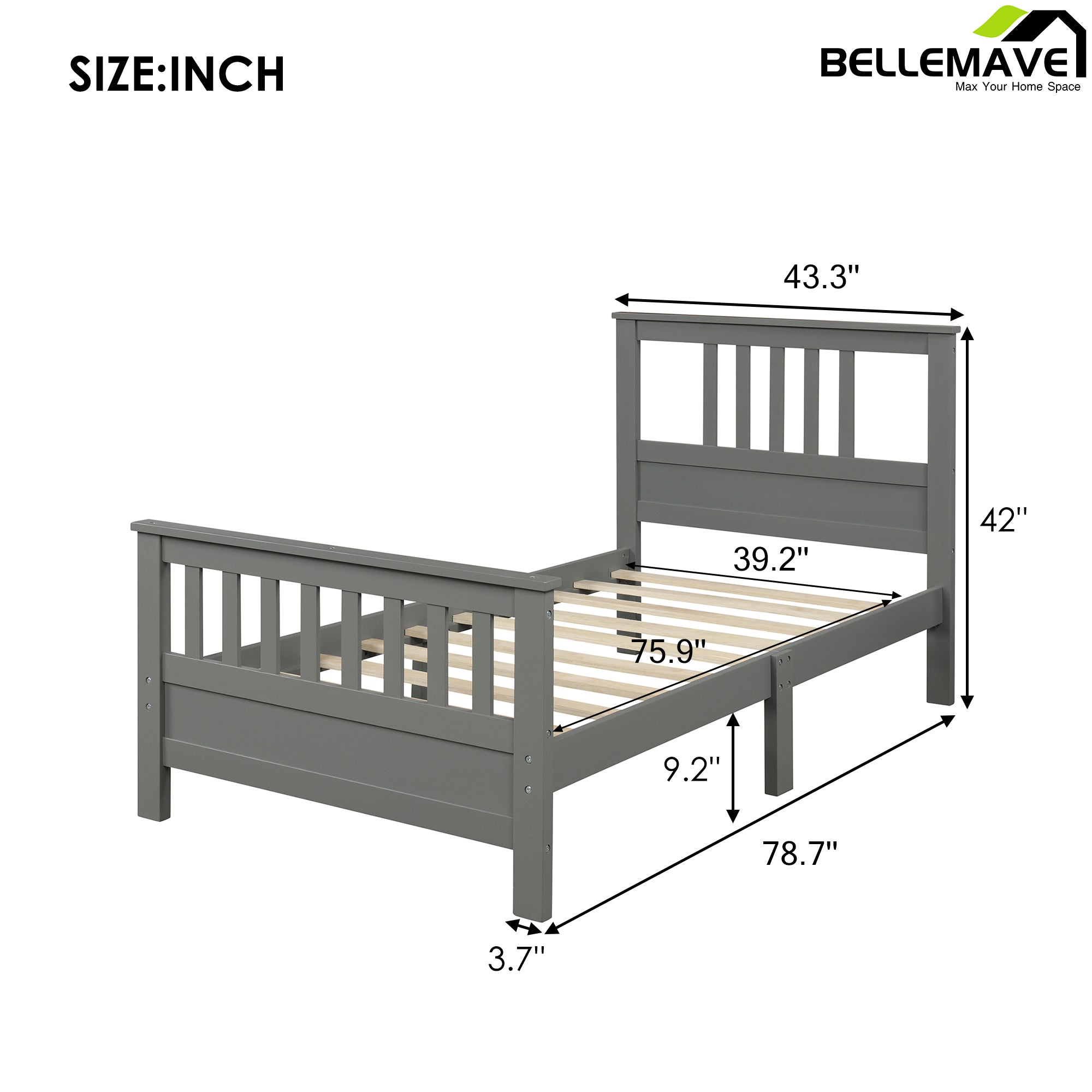 Bellemave Twin Size Bed Frames with Headboard and Footboard, Wood Twin Platform Bed,Wood Slats Great Support with Six Legs for Kids,Teens,Adults(Twin,Gray)