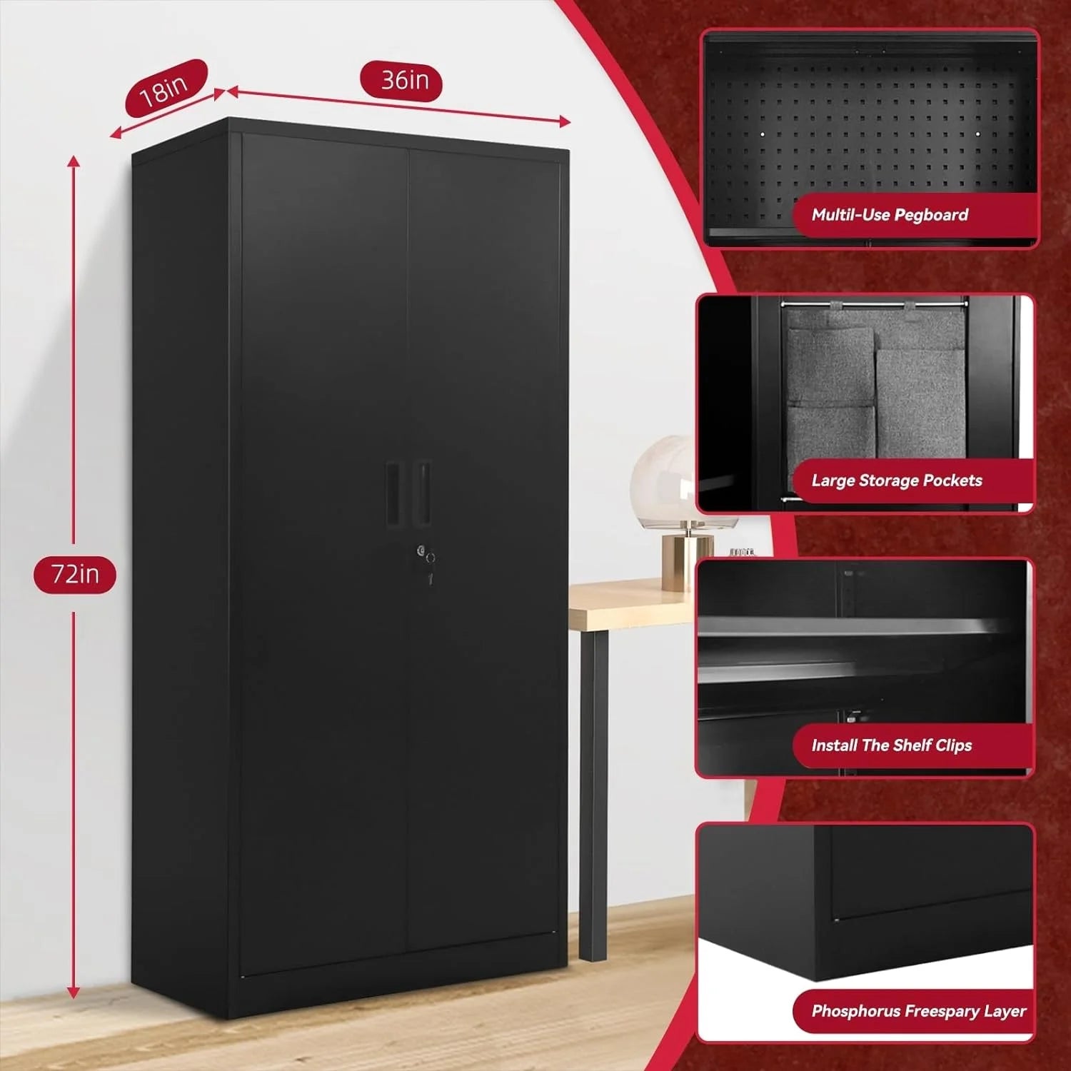 72" Metal Garage Storage Cabinet with Pegboard and Adjustable Shelves Black Multifunctional Locking Cabinet for Home, Office, Warehouse,Basement