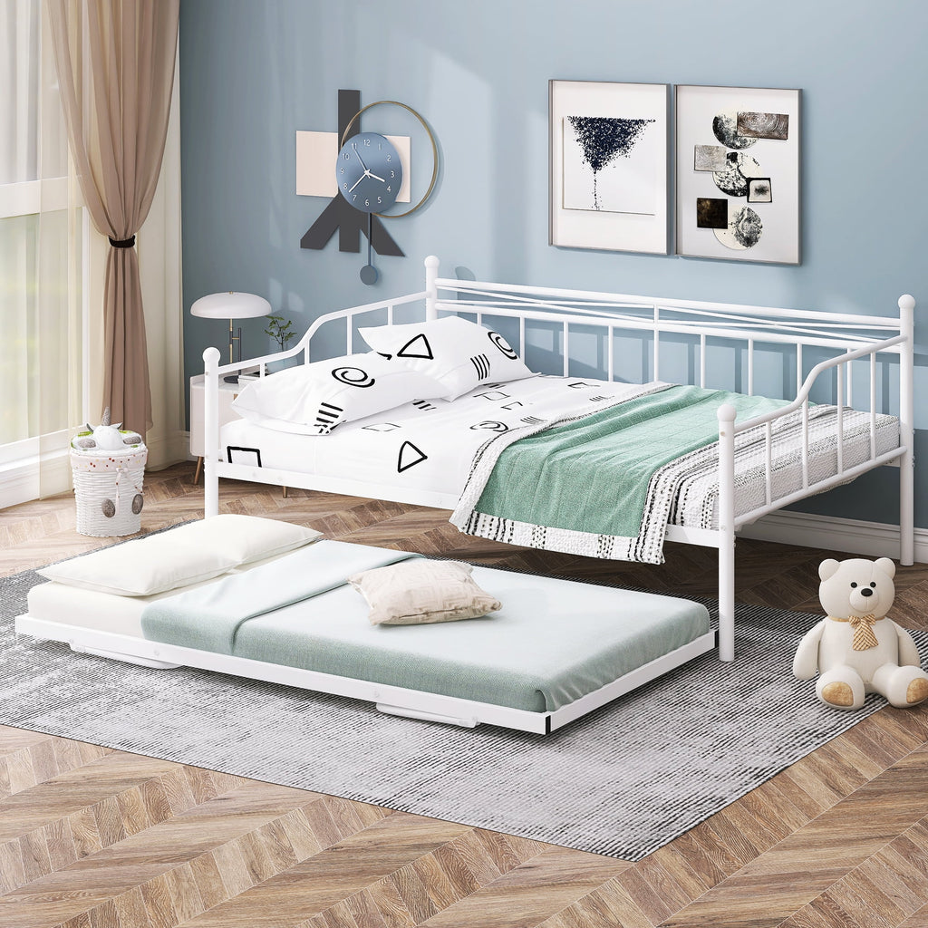 Bellemave Full Size Metal Daybed with Twin Size Adjustable Trundle,Portable Folding Trundle,Heavy-Duty Steel Daybed Frame with Pull Down Trundle Bed Space Saving Design(White)