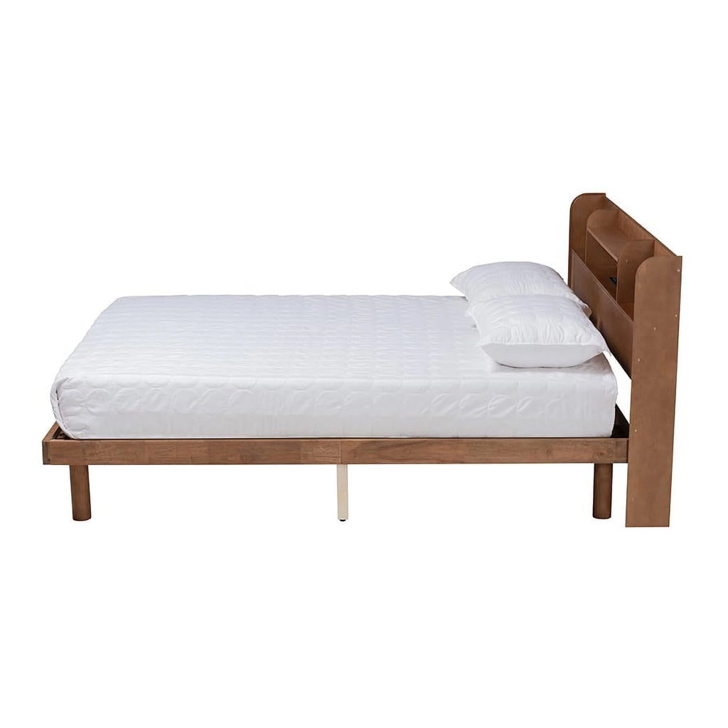 Baxton Studio Harper Mid-Century Modern Transitional Walnut Brown Finished Wood Full Size Platform Bed with Charging